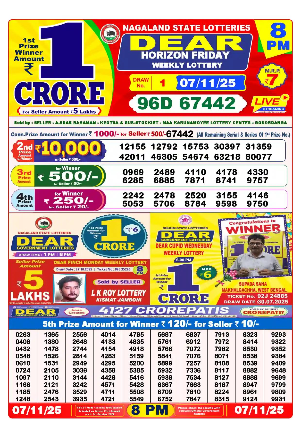 Lottery Sambad 07.11.25 Dear Lottery Result 8pm