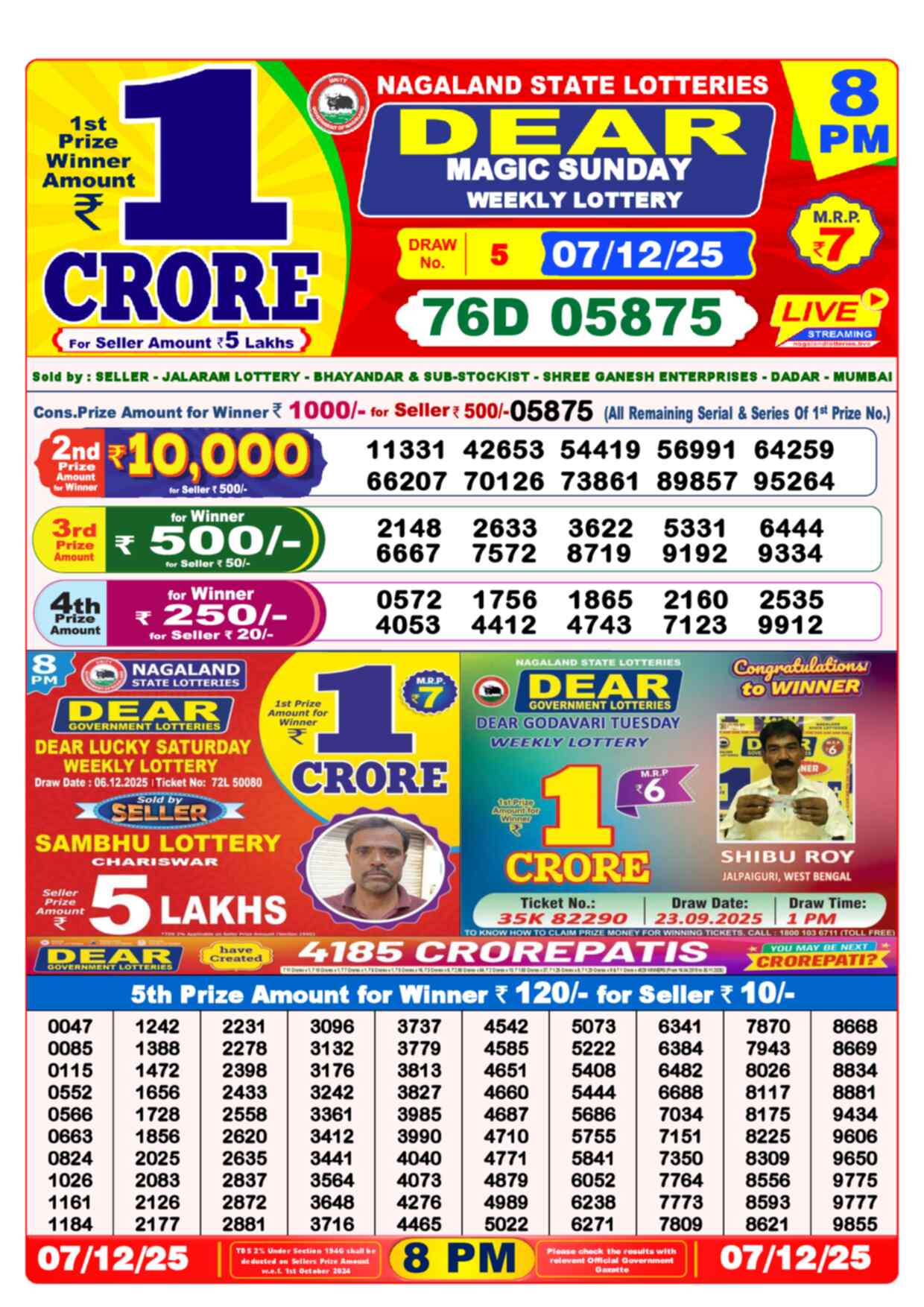 Lottery Sambad Yesterday Result 1:00 PM 07 December 2025