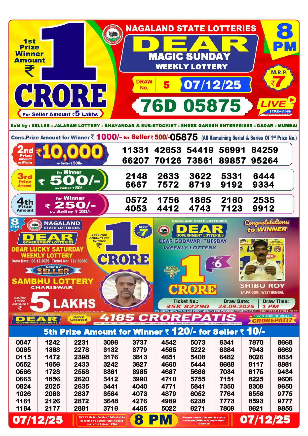 Lottery Sambad 07.12.25 Dear Lottery Result 8pm