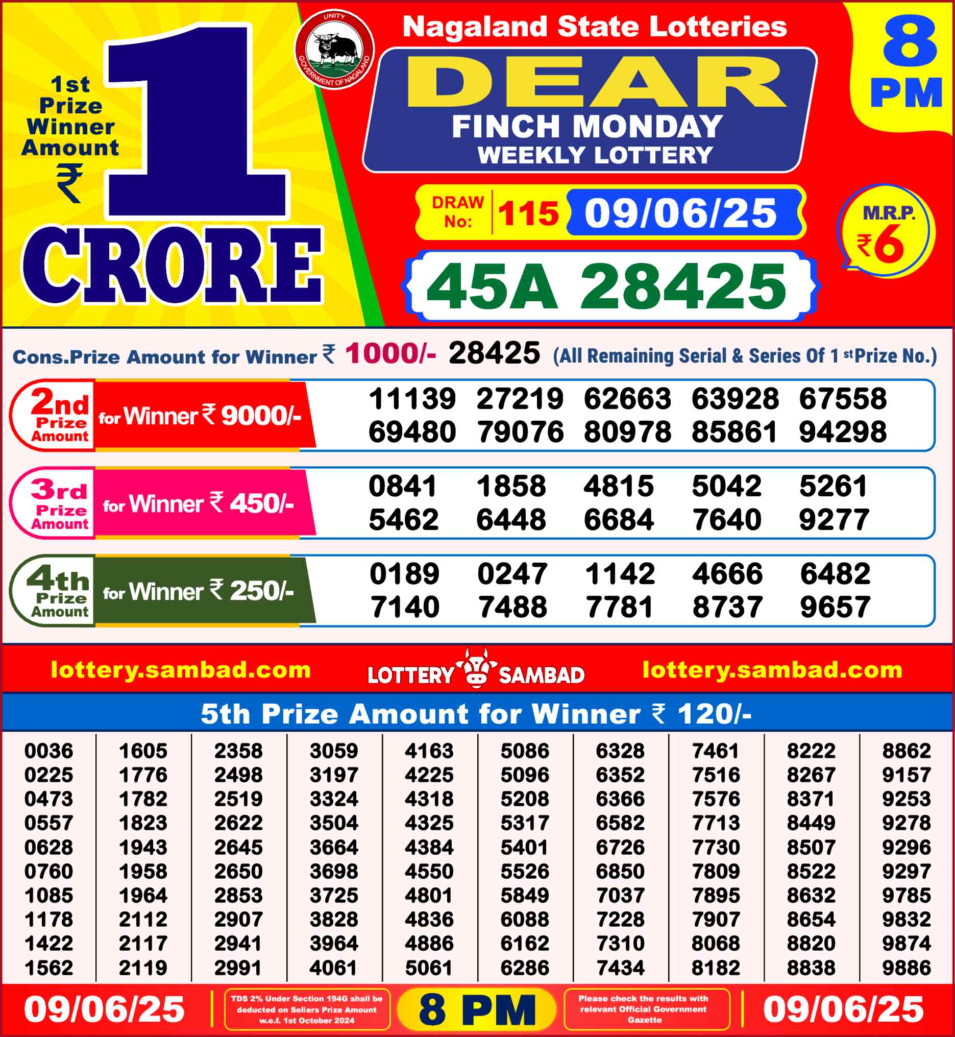 Lottery Sambad 09.06.25 Dear Lottery Result 8pm