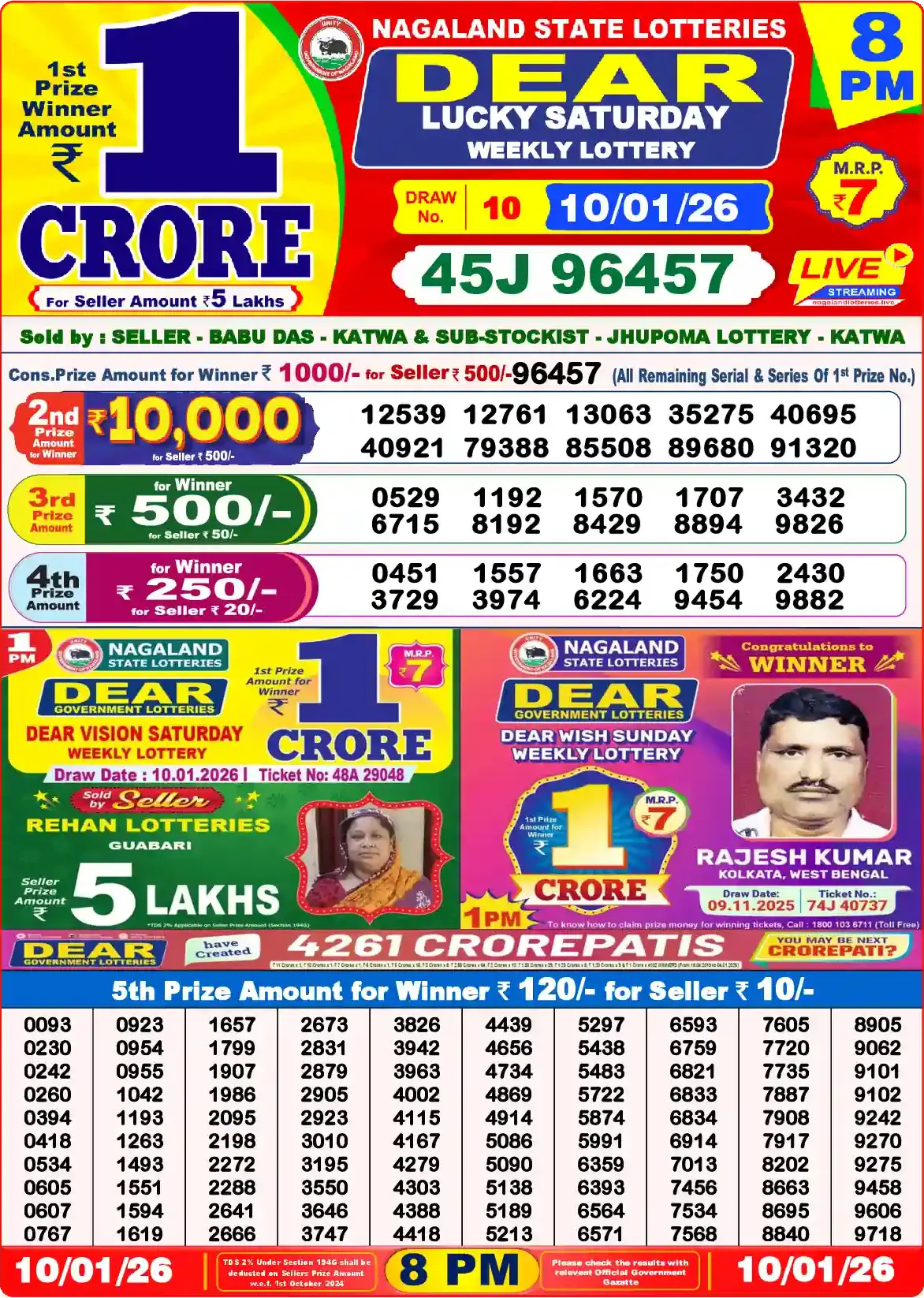 Lottery Sambad 10.01.26 Dear Lottery Result 8pm