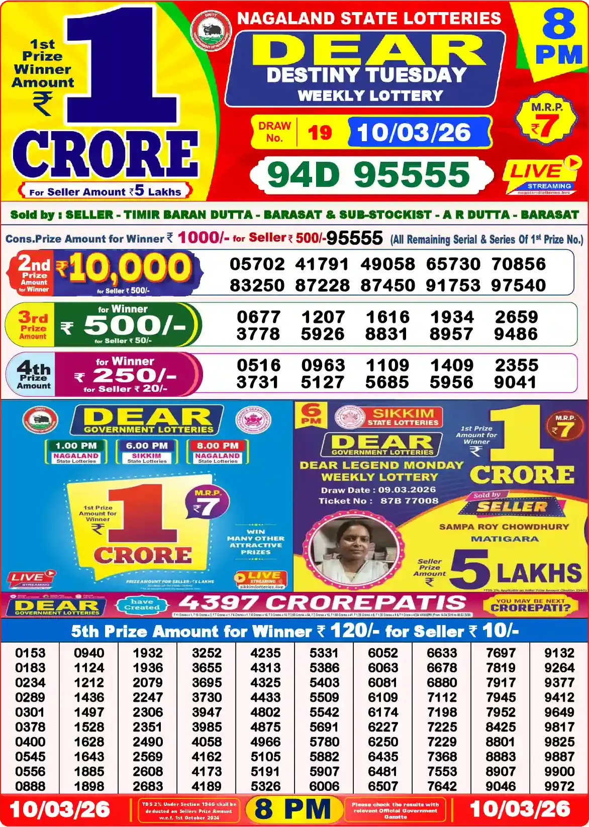 Lottery Sambad 10.03.26 Dear Lottery Result 8pm