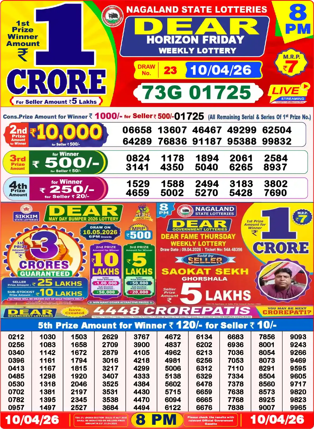 Lottery Sambad 10.04.26 Dear Lottery Result 8pm