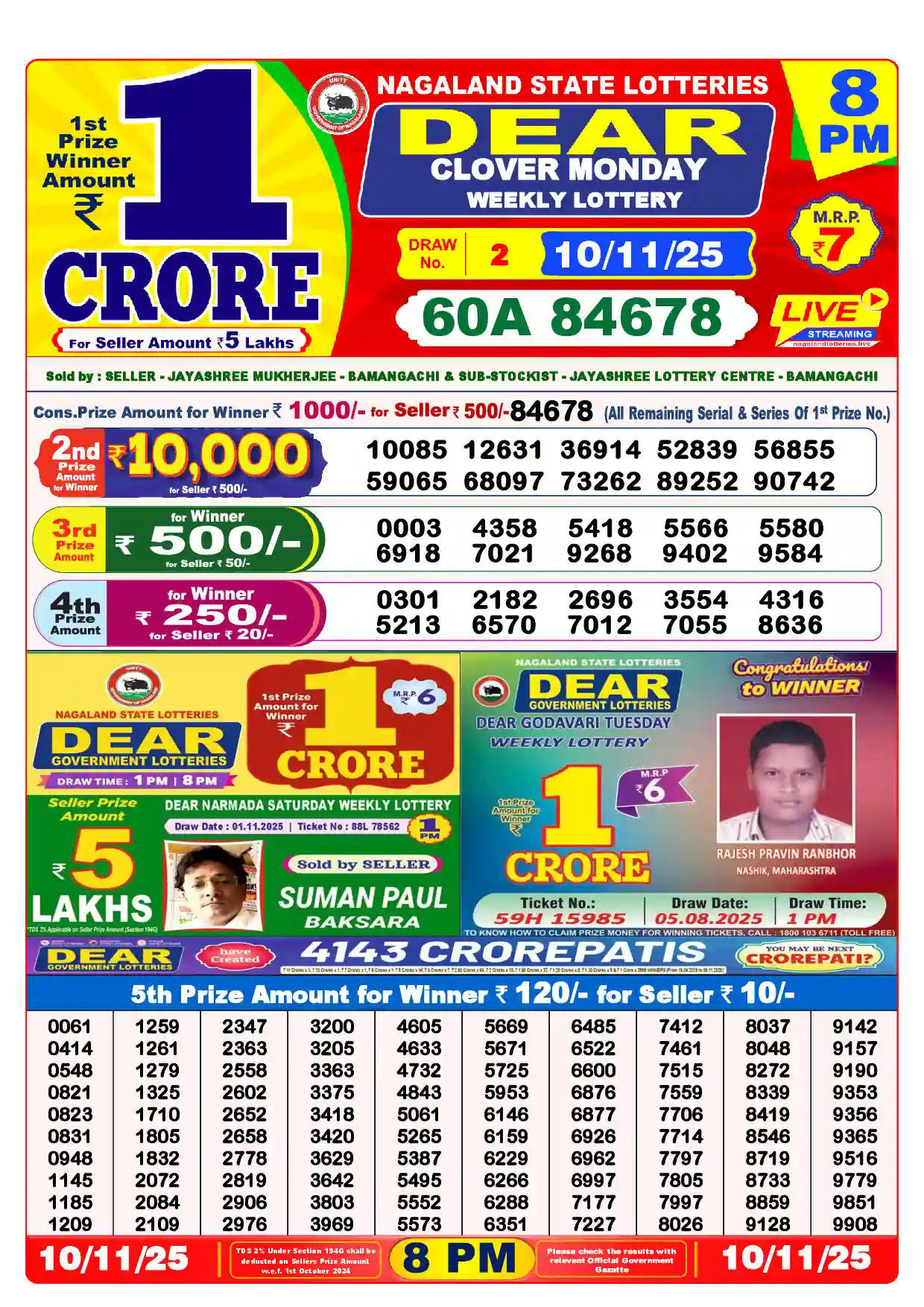 Lottery Sambad 10.11.25 Dear Lottery Result 8pm