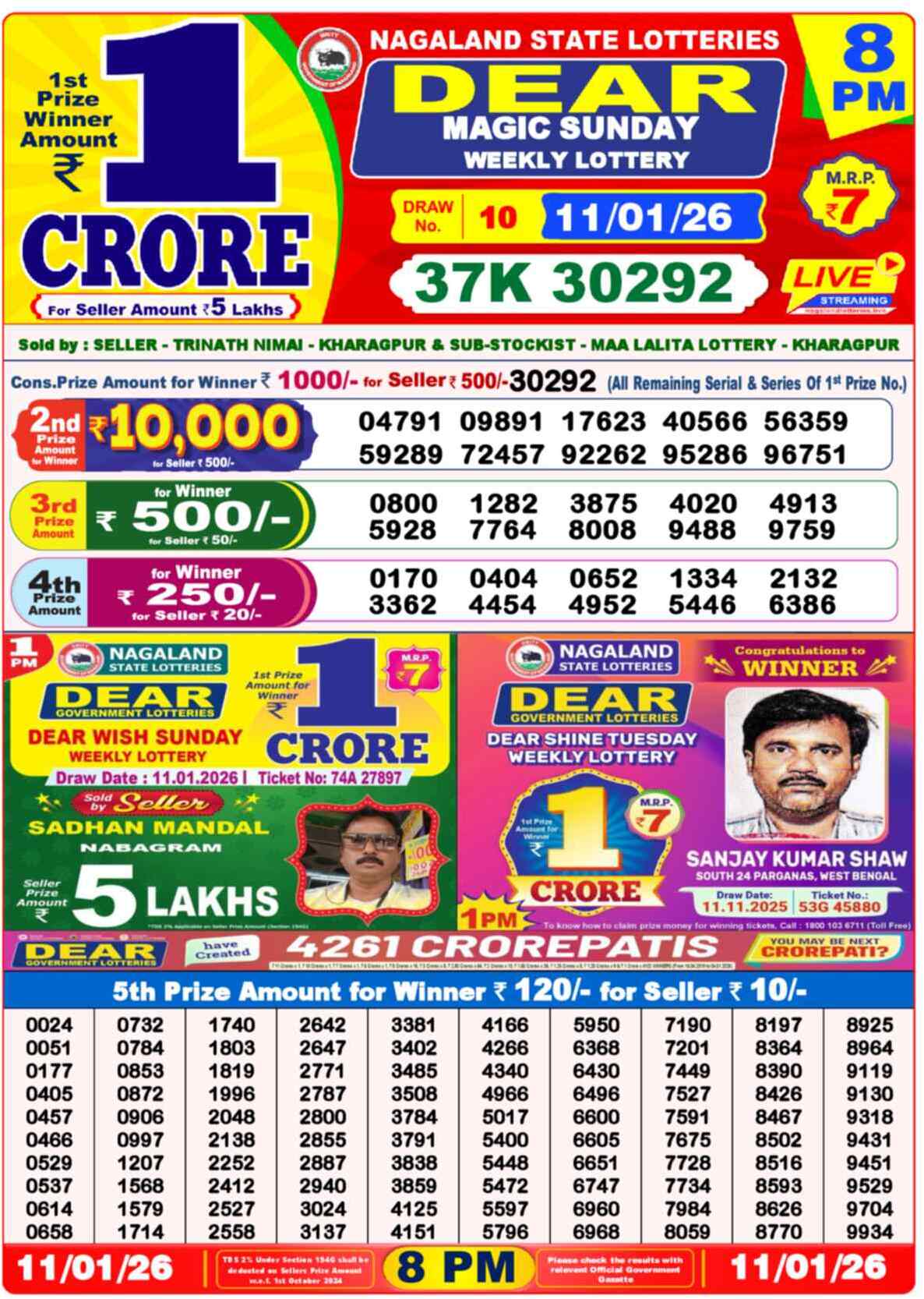 Lottery Sambad 11.01.26 Dear Lottery Result 8pm
