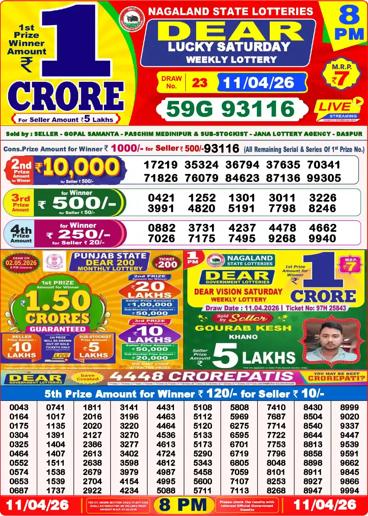 Lottery Sambad 11.04.26 Dear Lottery Result 8pm