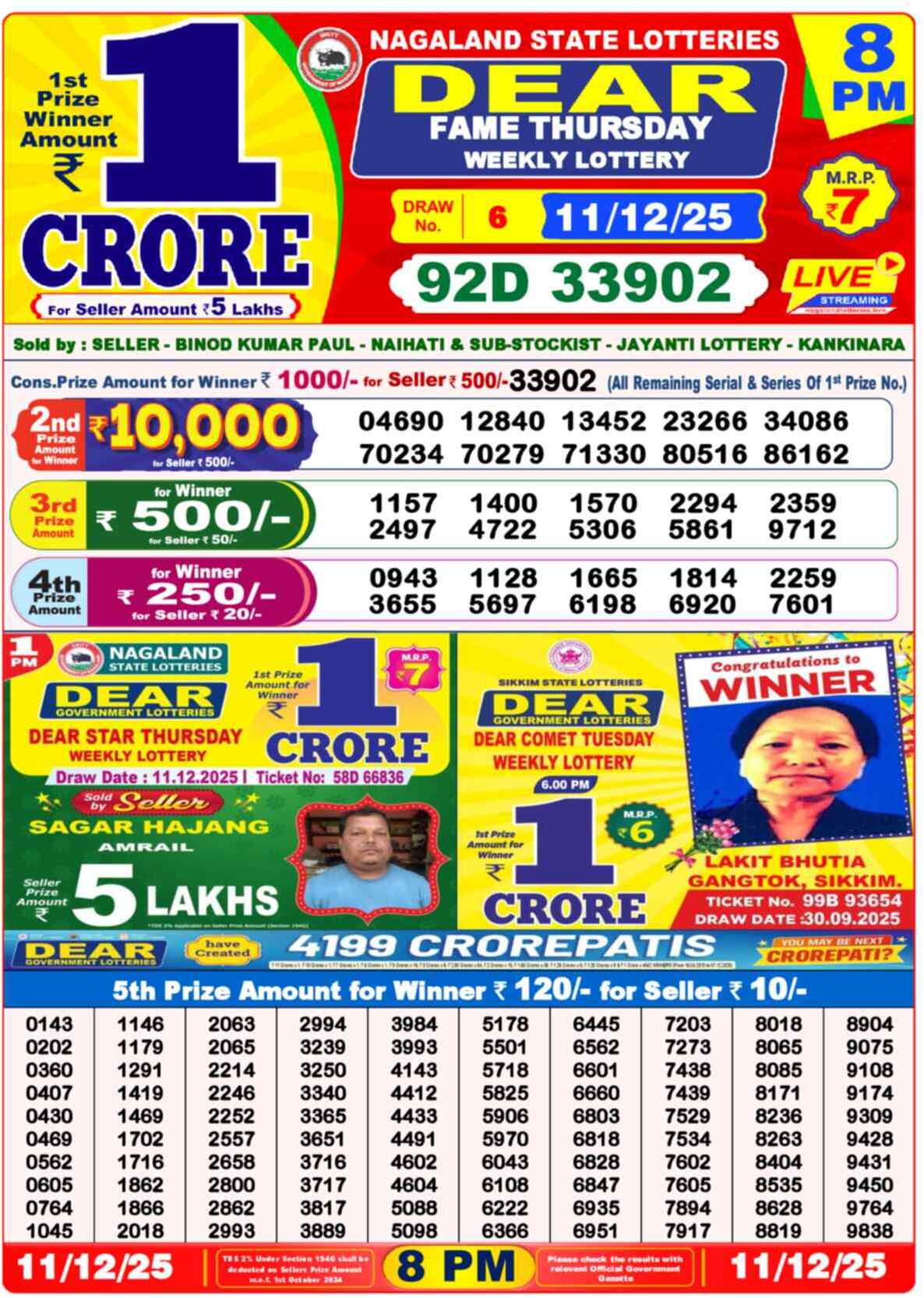 Lottery Sambad 11.12.25 Dear Lottery Result 8pm