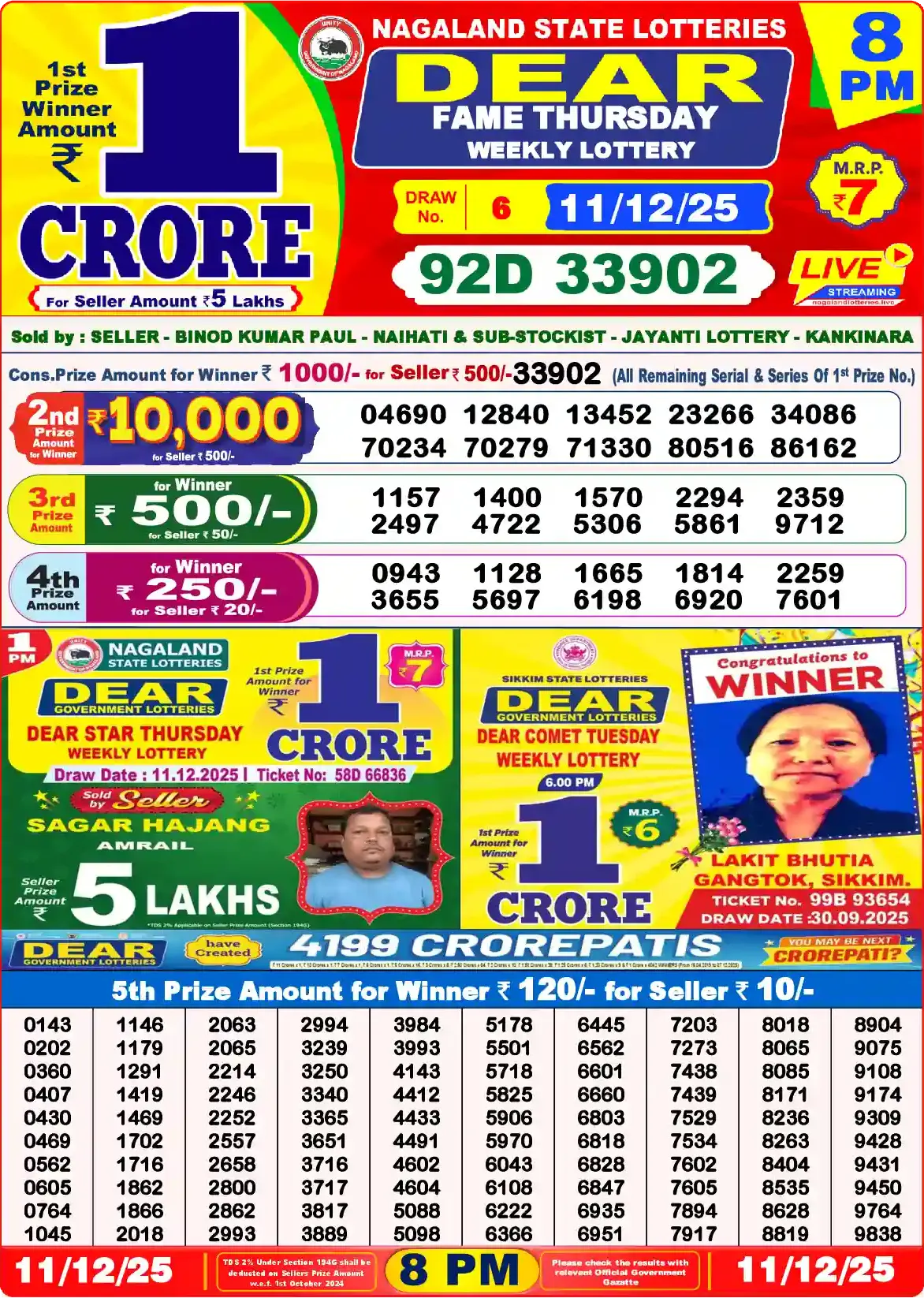 Lottery Sambad 11.12.25 Dear Lottery Result 8pm