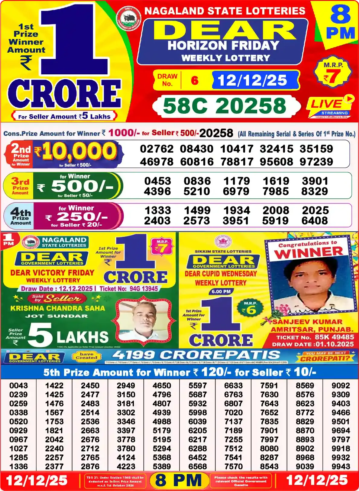 Lottery Sambad 12.12.25 Dear Lottery Result 8pm