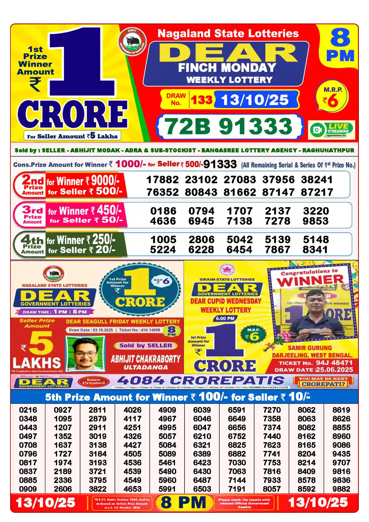 Lottery Sambad 13.10.25 Dear Lottery Result 8pm