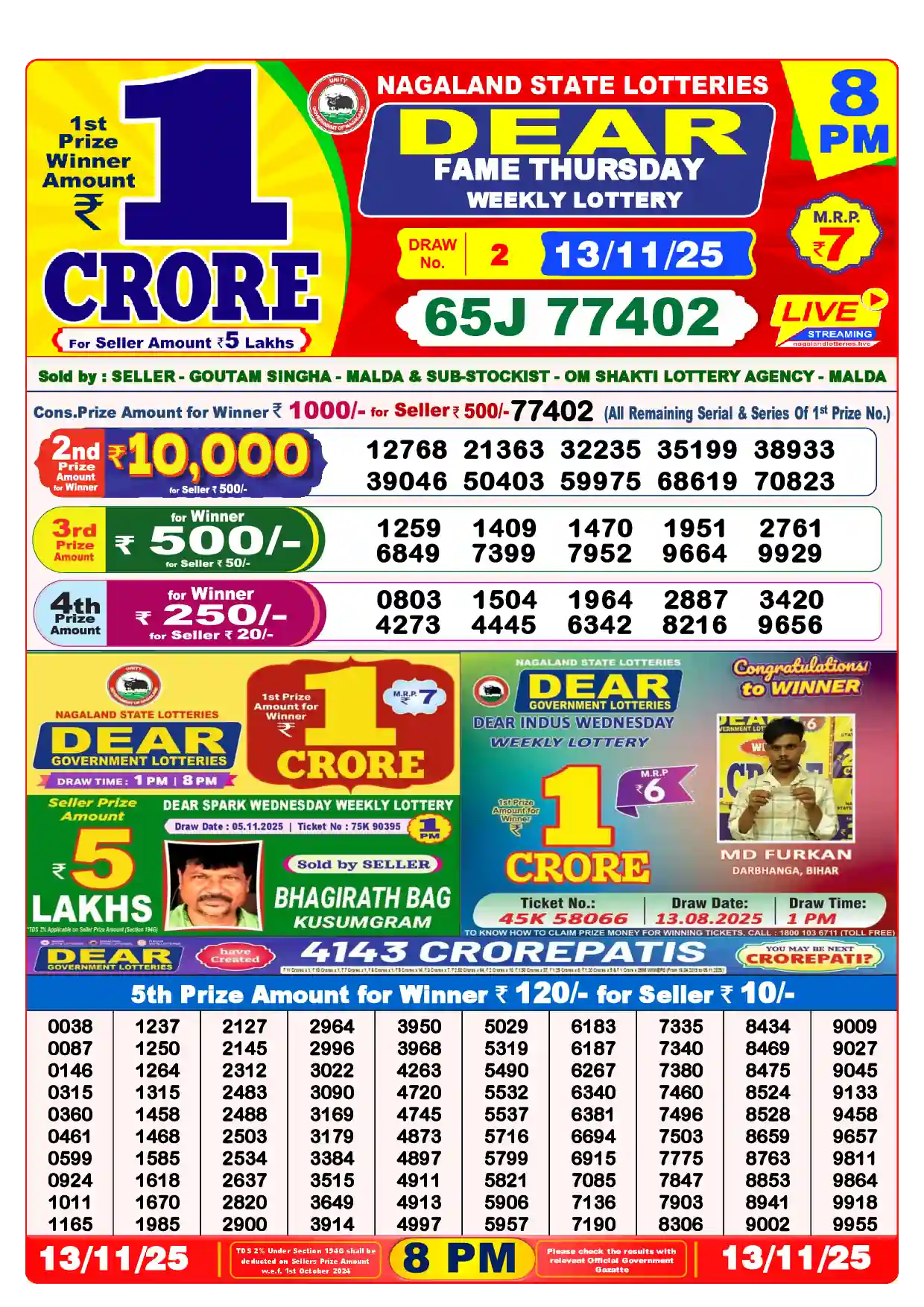 Lottery Sambad 13.11.25 Dear Lottery Result 8pm