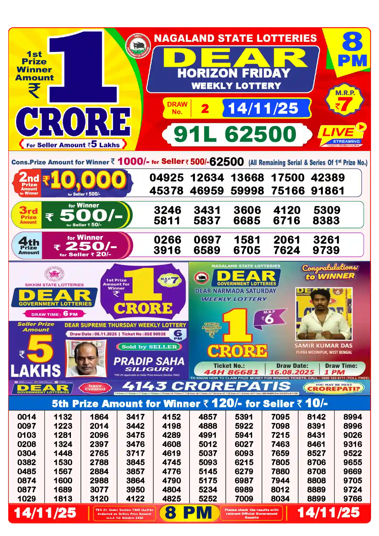 Lottery Sambad 14.11.25 Dear Lottery Result 8pm
