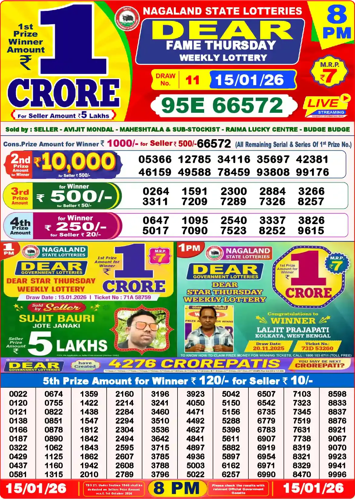 Lottery Sambad 15.01.26 Dear Lottery Result 8pm