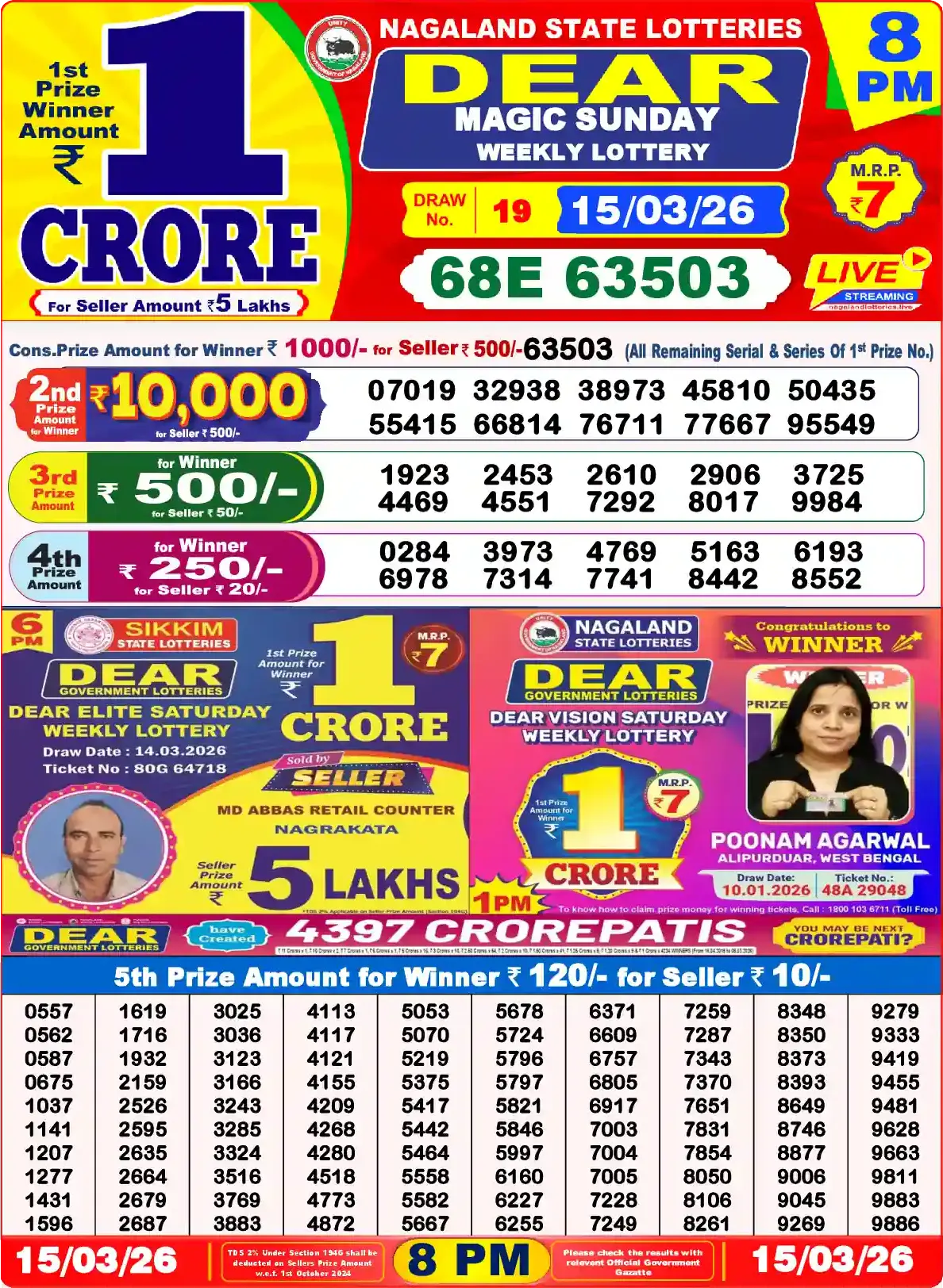 Lottery Sambad 15.03.26 Dear Lottery Result 8pm