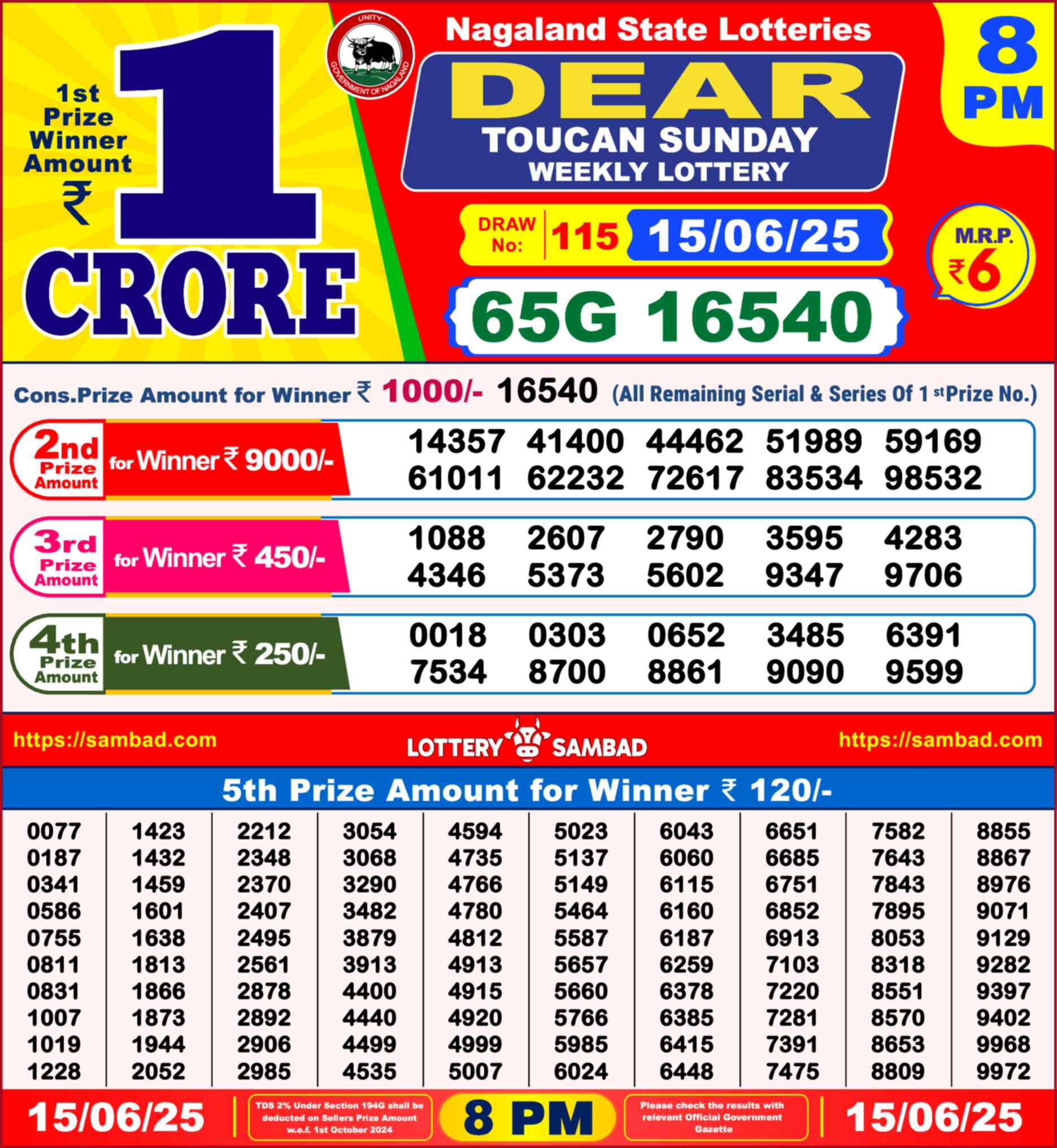 Lottery Sambad 15.06.25 Dear Lottery Result 8pm