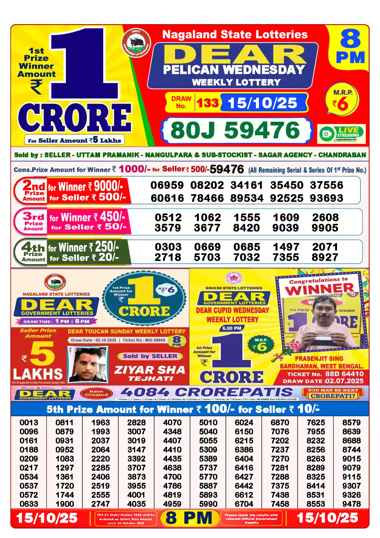 Lottery Sambad 15.10.25 Dear Lottery Result 8pm