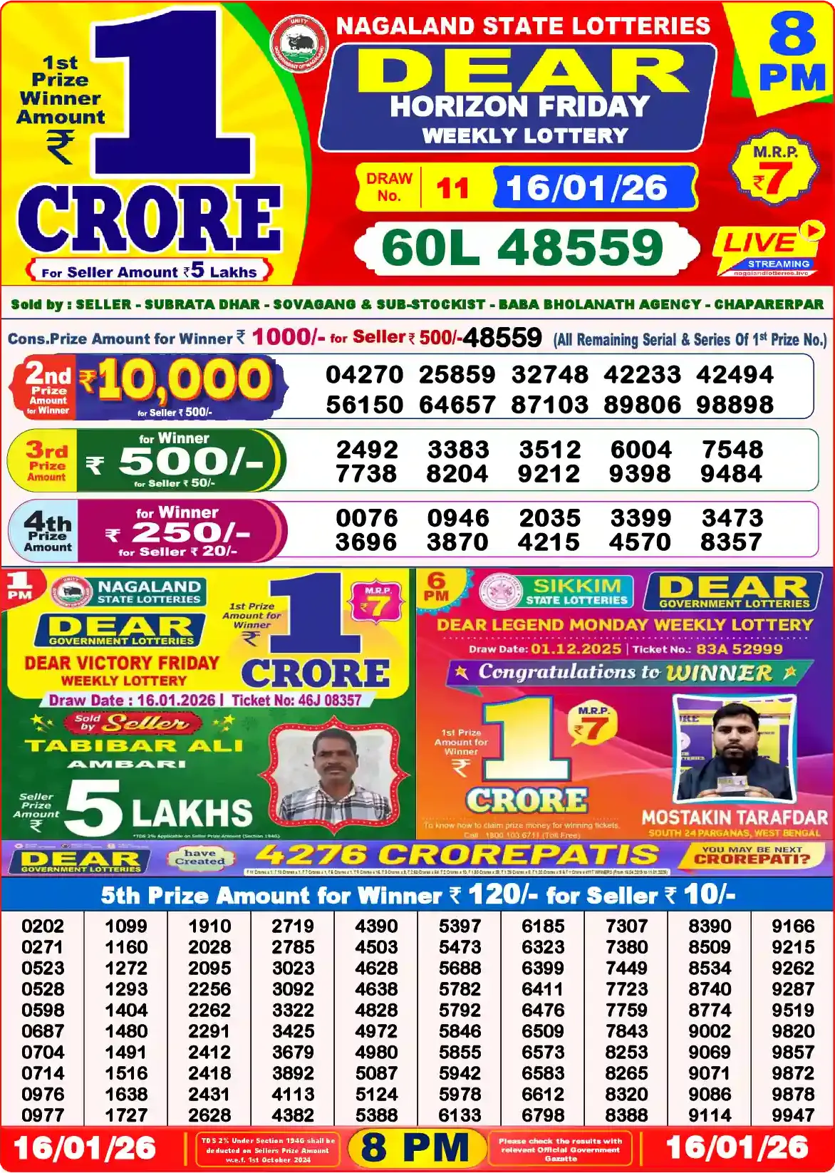 Lottery Sambad 16.01.26 Dear Lottery Result 8pm