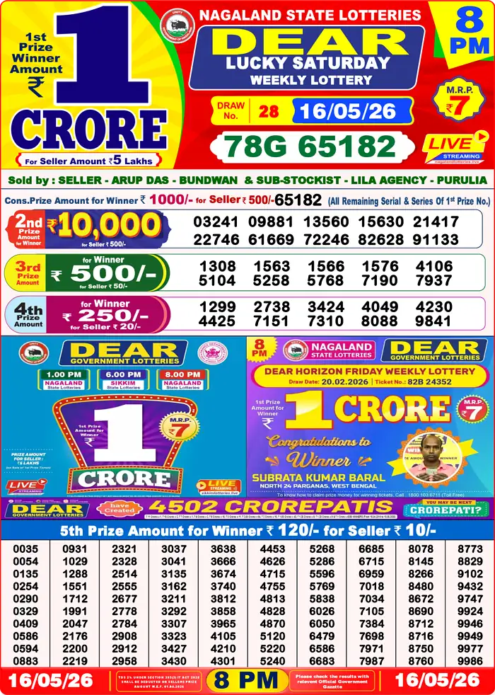 Lottery Sambad 16.05.26 Dear Lottery Result 8pm
