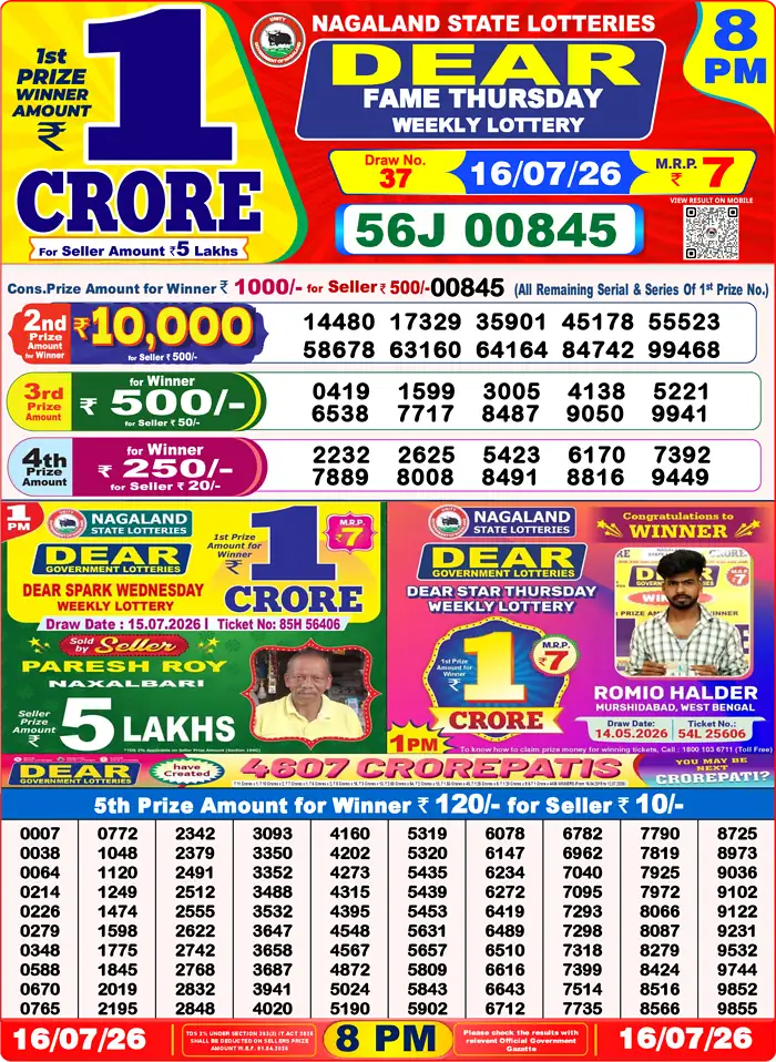 Lottery Sambad Today Result 8pm 16 July 2026