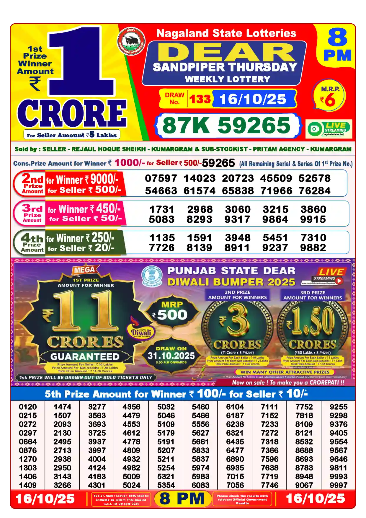 Lottery Sambad 16.10.25 Dear Lottery Result 8pm