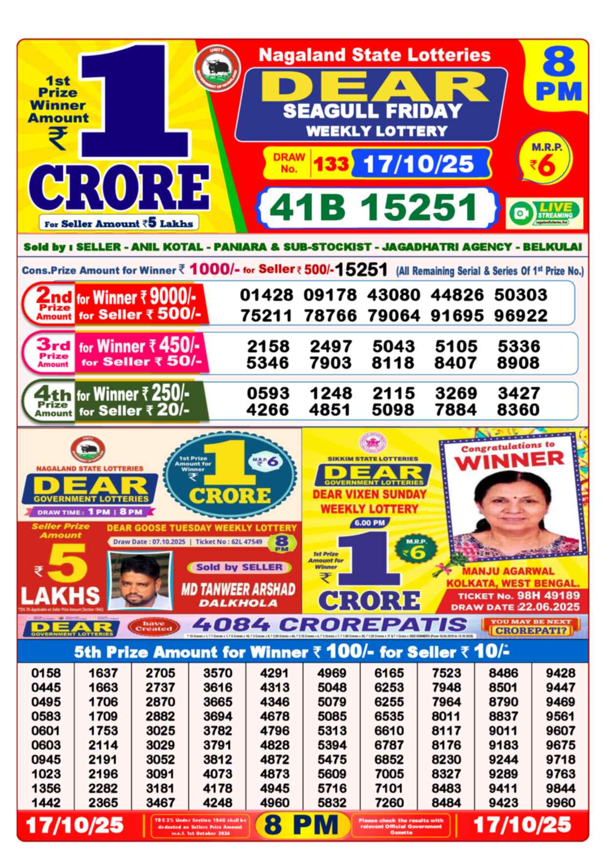 Lottery Sambad Yesterday Result 8pm 17 October 2025