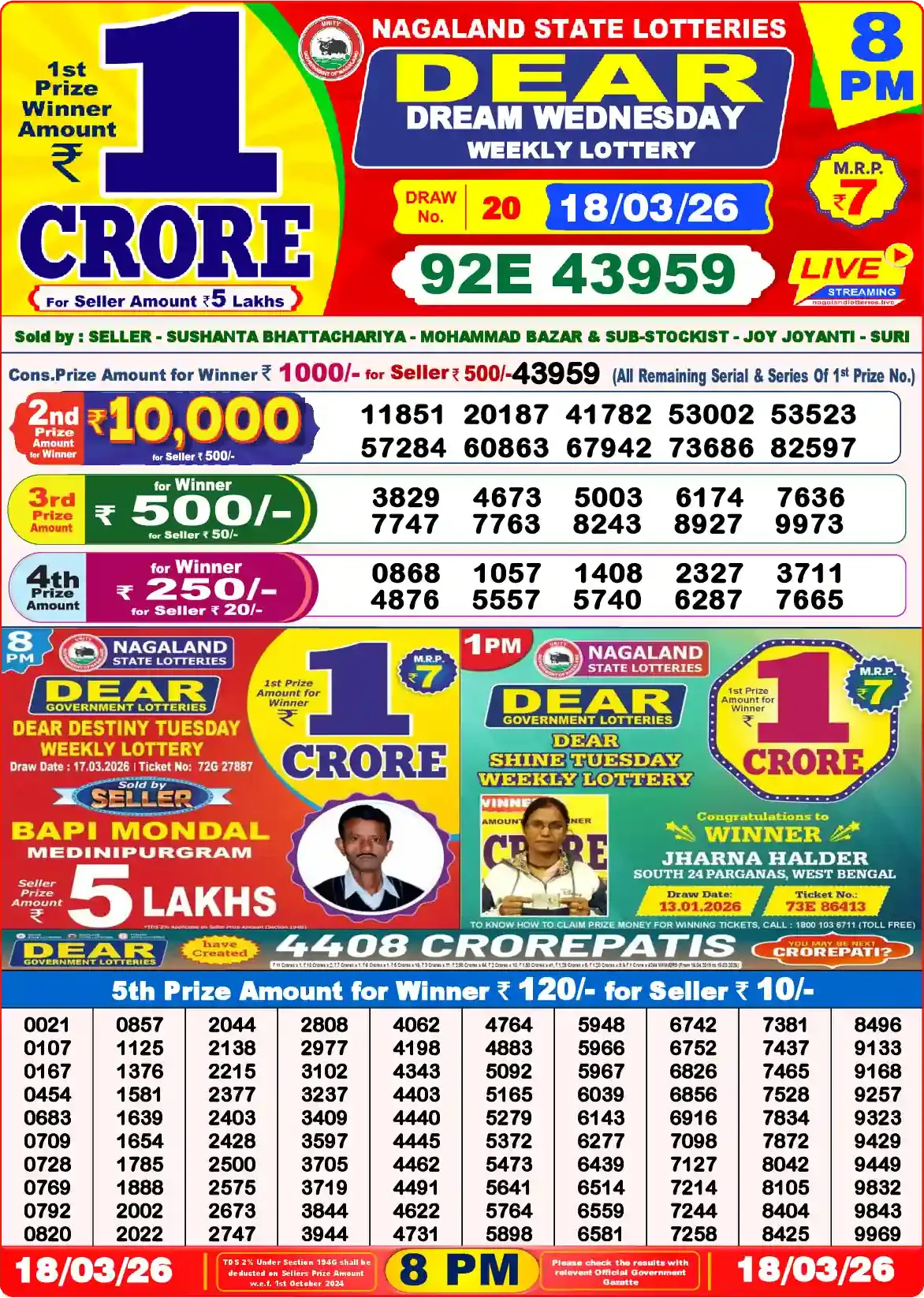 Lottery Sambad 18.03.26 Dear Lottery Result 8pm