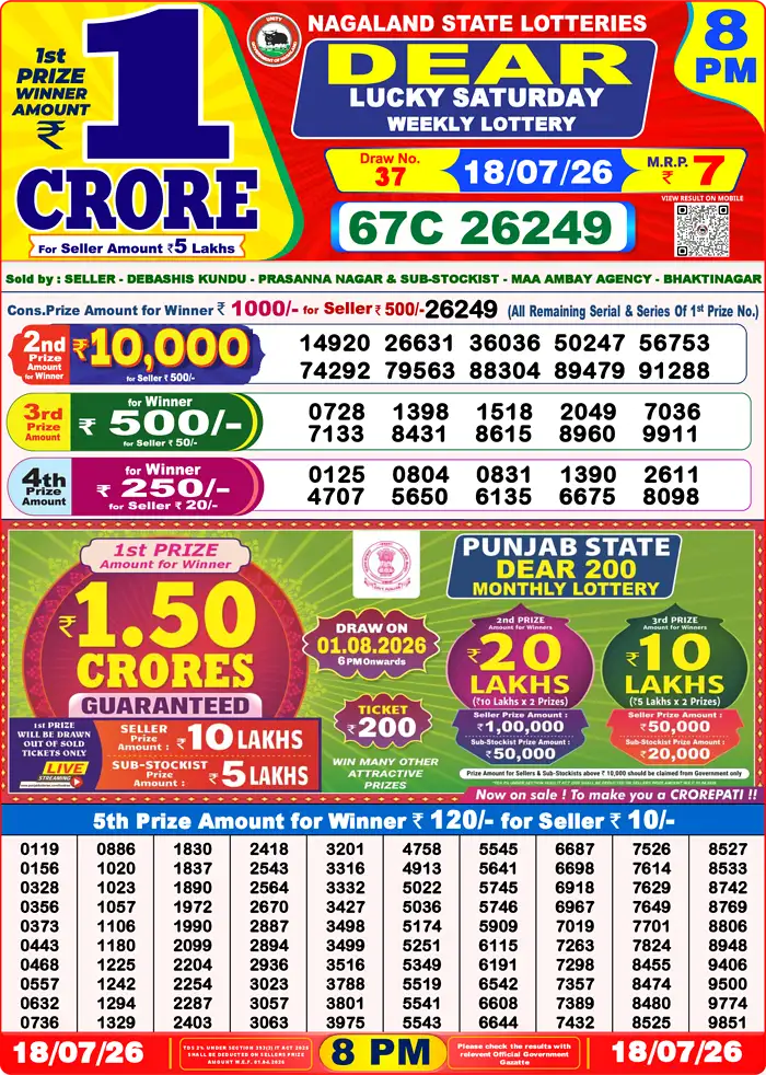 Lottery Sambad Today Result 8pm 18 July 2026