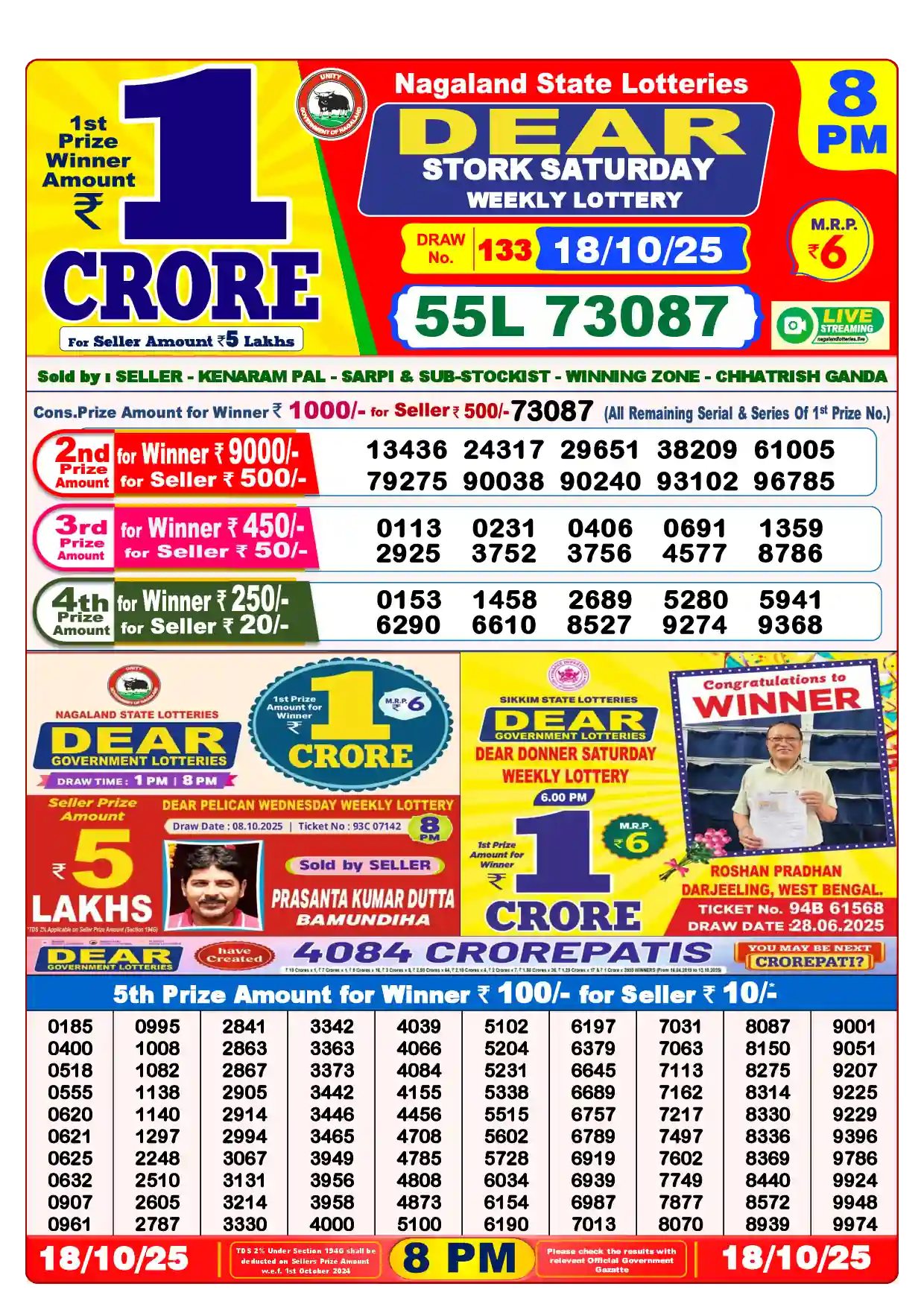 Lottery Sambad 18.10.25 Dear Lottery Result 8pm