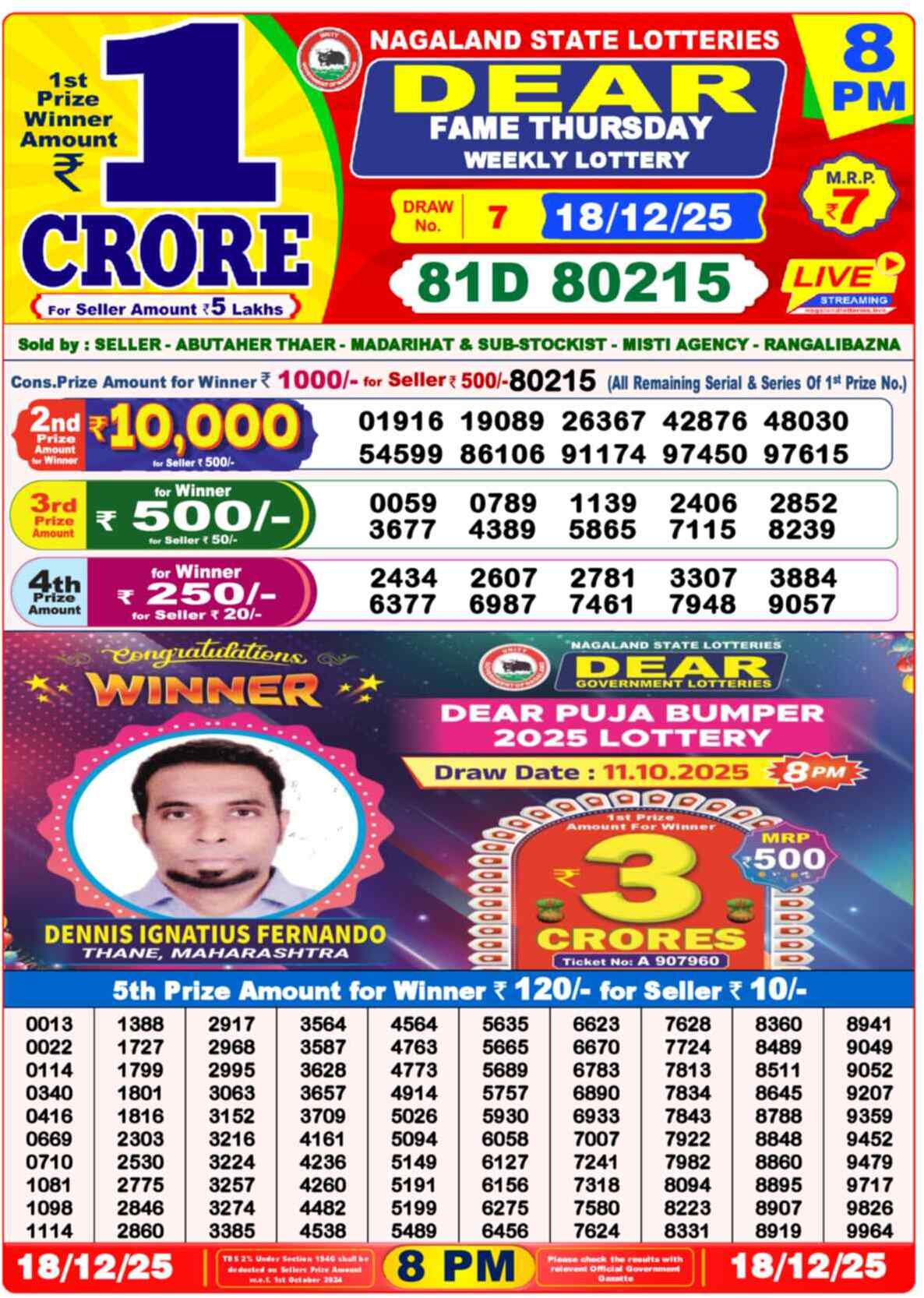 Lottery Sambad 18.12.25 Dear Lottery Result 8pm