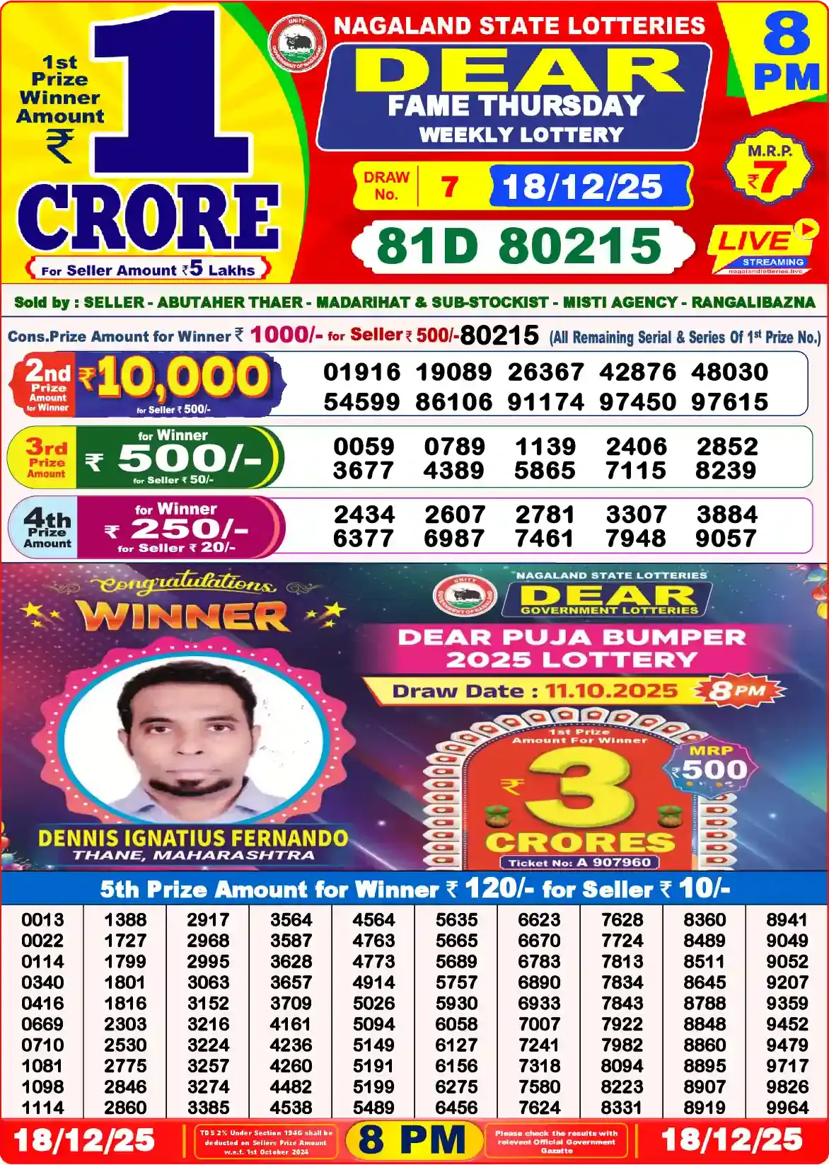 Lottery Sambad 18.12.25 Dear Lottery Result 8pm