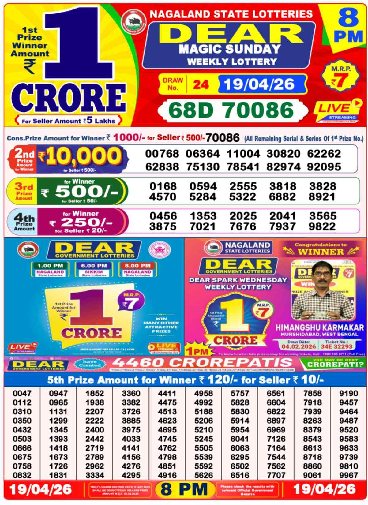 Lottery Sambad Today Result 8pm 19 April 2026