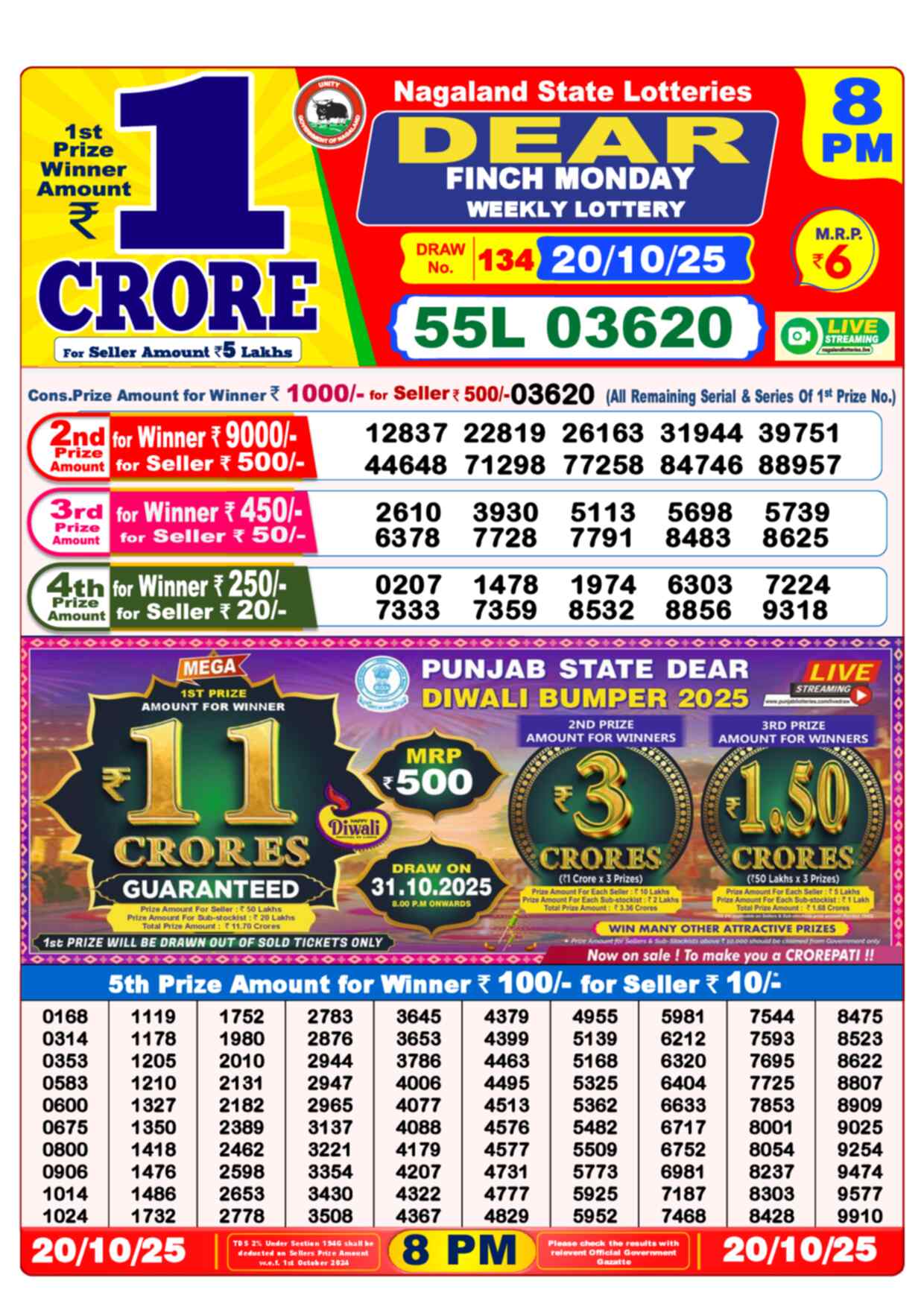 Lottery Sambad 20.10.25 Dear Lottery Result 8pm