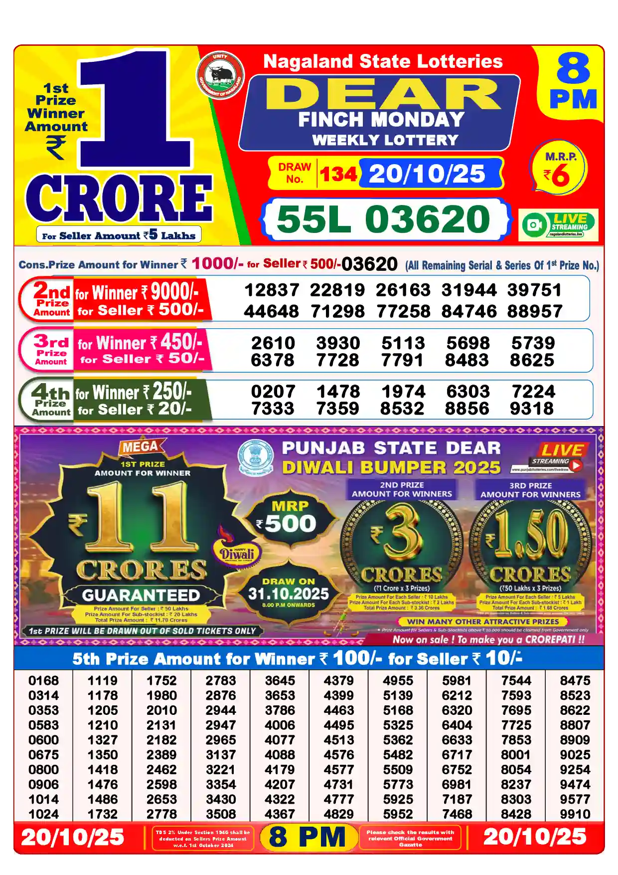 Lottery Sambad 20.10.25 Dear Lottery Result 8pm