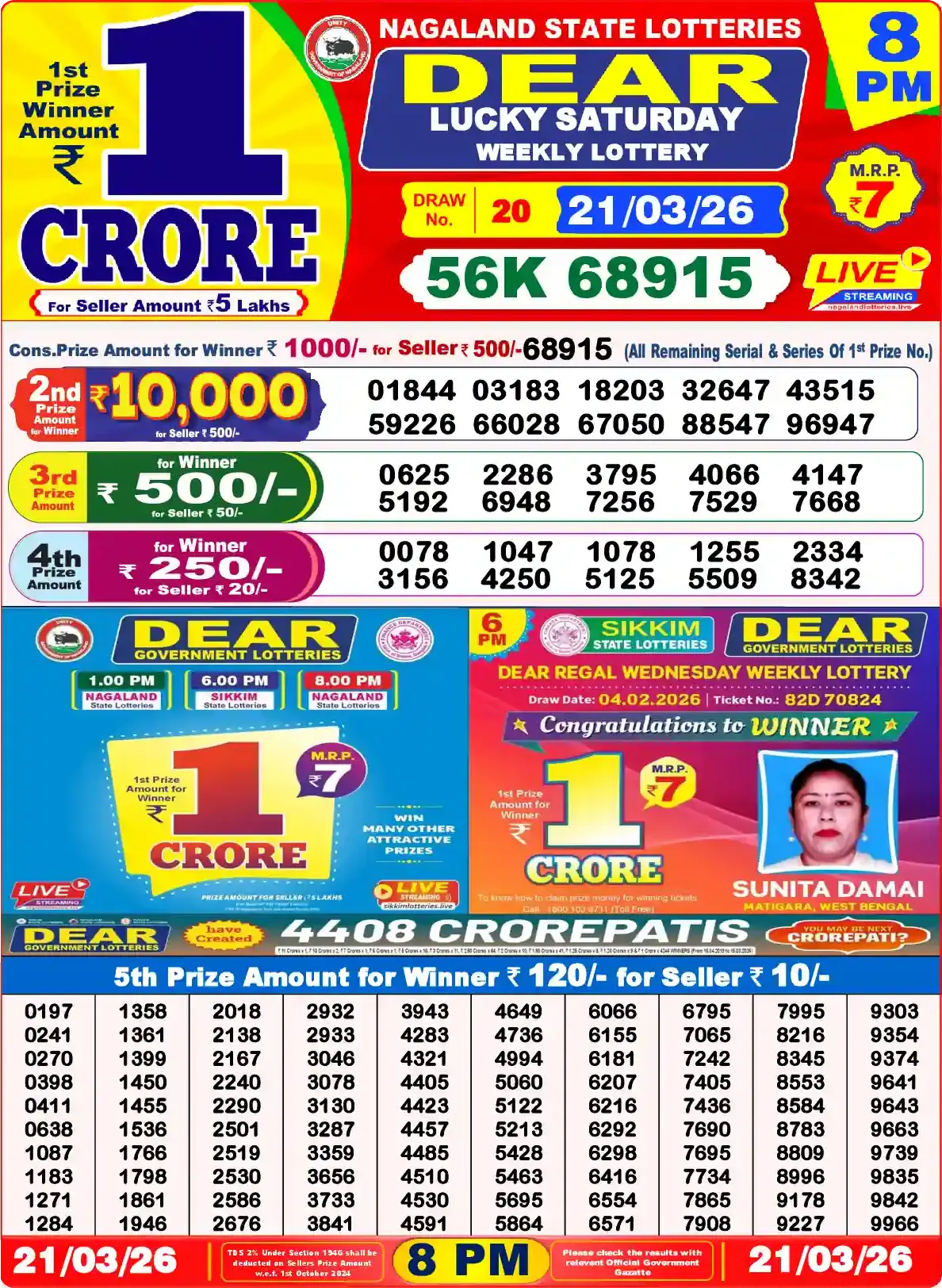 Lottery Sambad 21.03.26 Dear Lottery Result 8pm