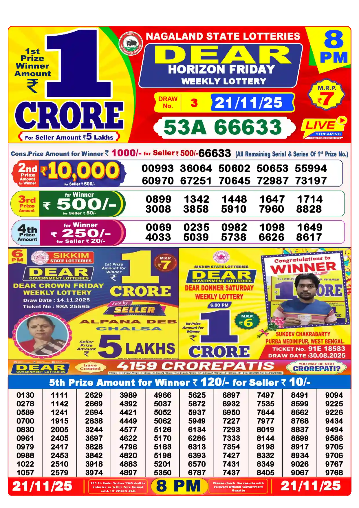 Lottery Sambad 21.11.25 Dear Lottery Result 8pm