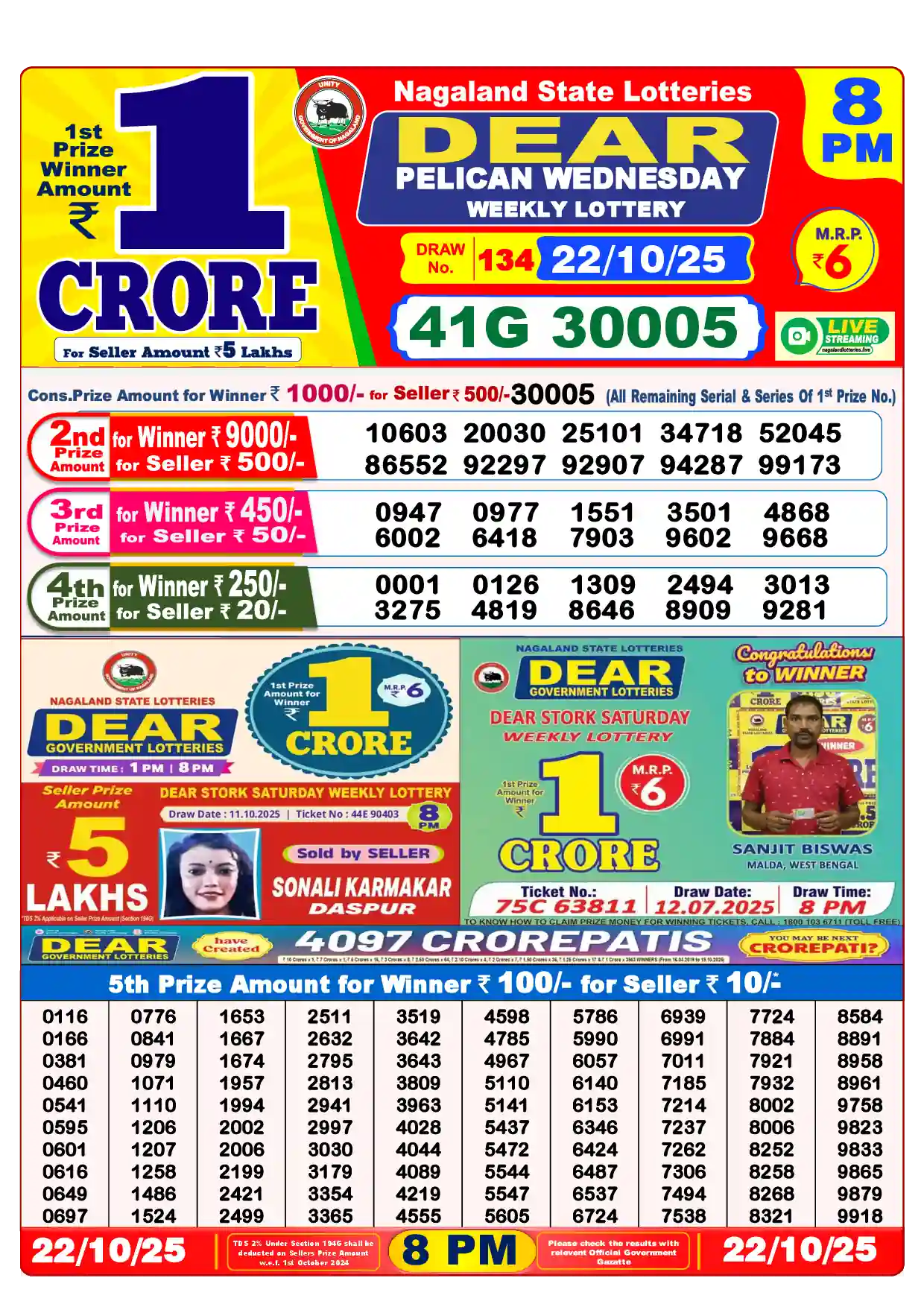 Lottery Sambad 22.10.25 Dear Lottery Result 8pm