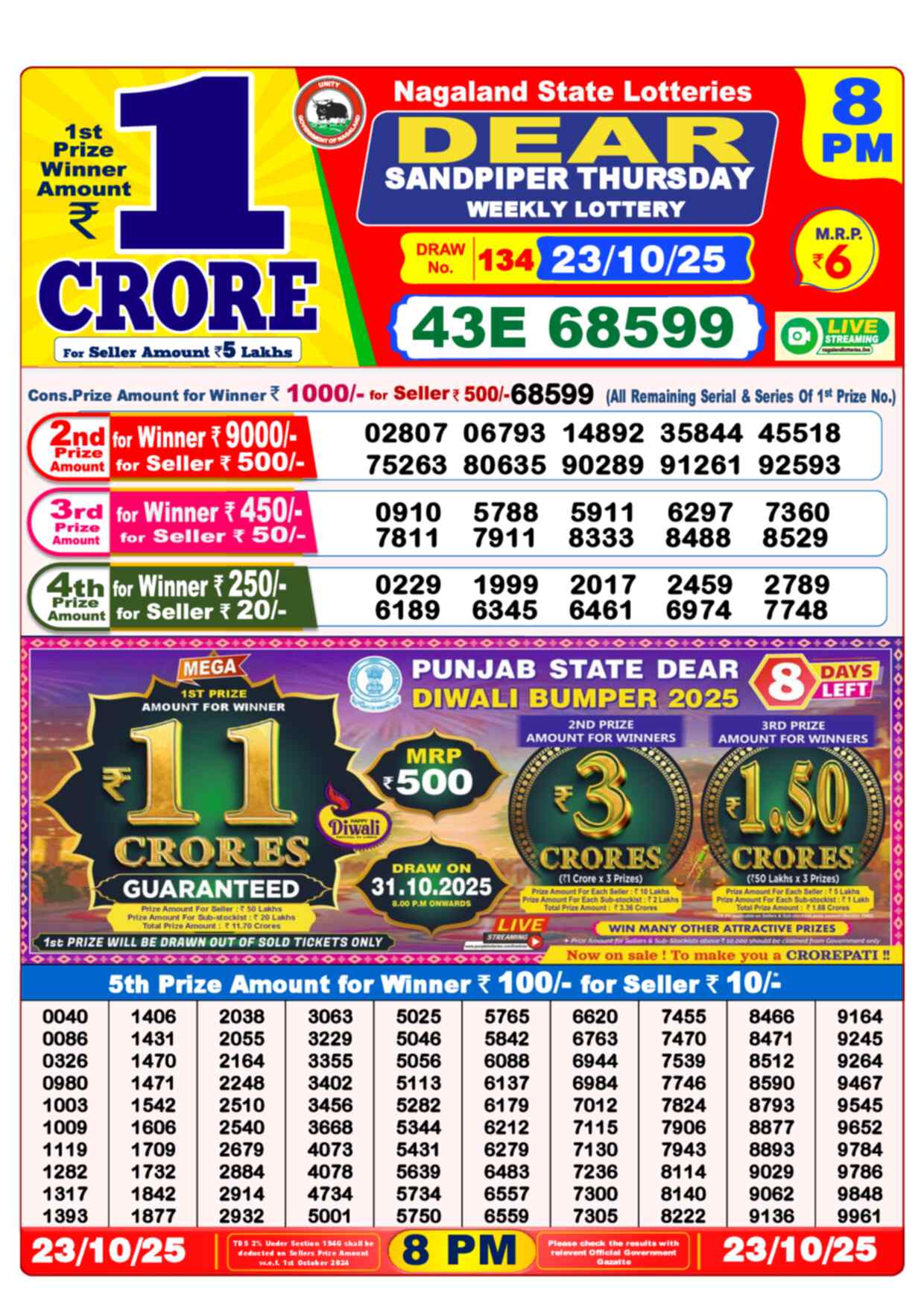 Lottery Sambad 23.10.25 Dear Lottery Result 8pm