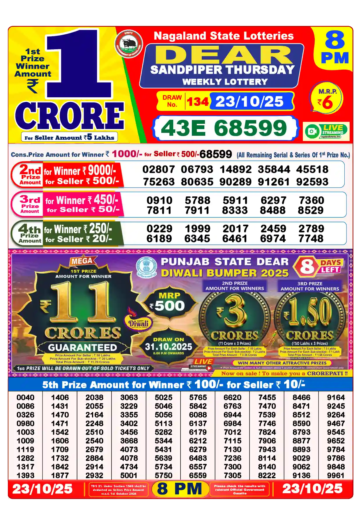 Lottery Sambad 23.10.25 Dear Lottery Result 8pm