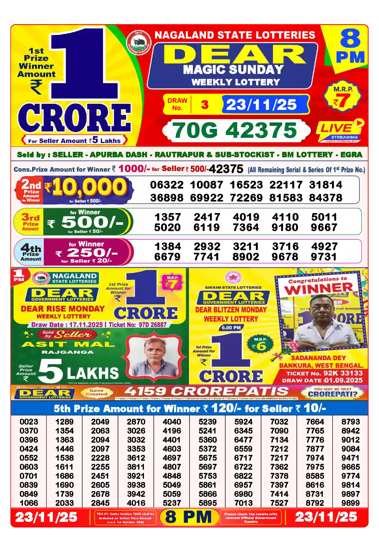 Lottery Sambad 23.11.25 Dear Lottery Result 8pm
