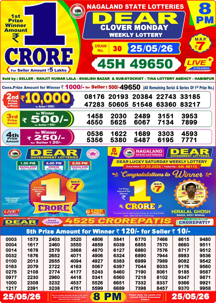 Lottery Sambad 25.05.26 Dear Lottery Result 8pm