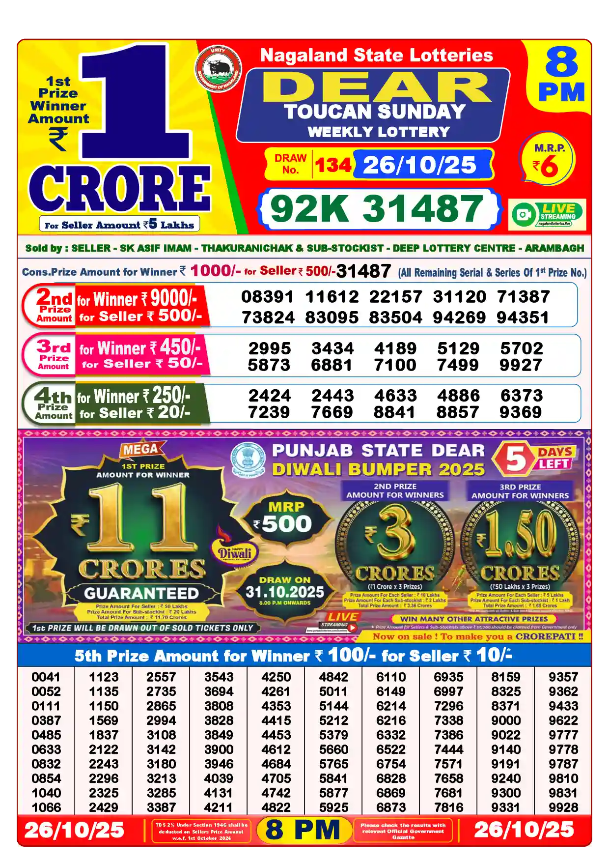 Lottery Sambad 26.10.25 Dear Lottery Result 8pm