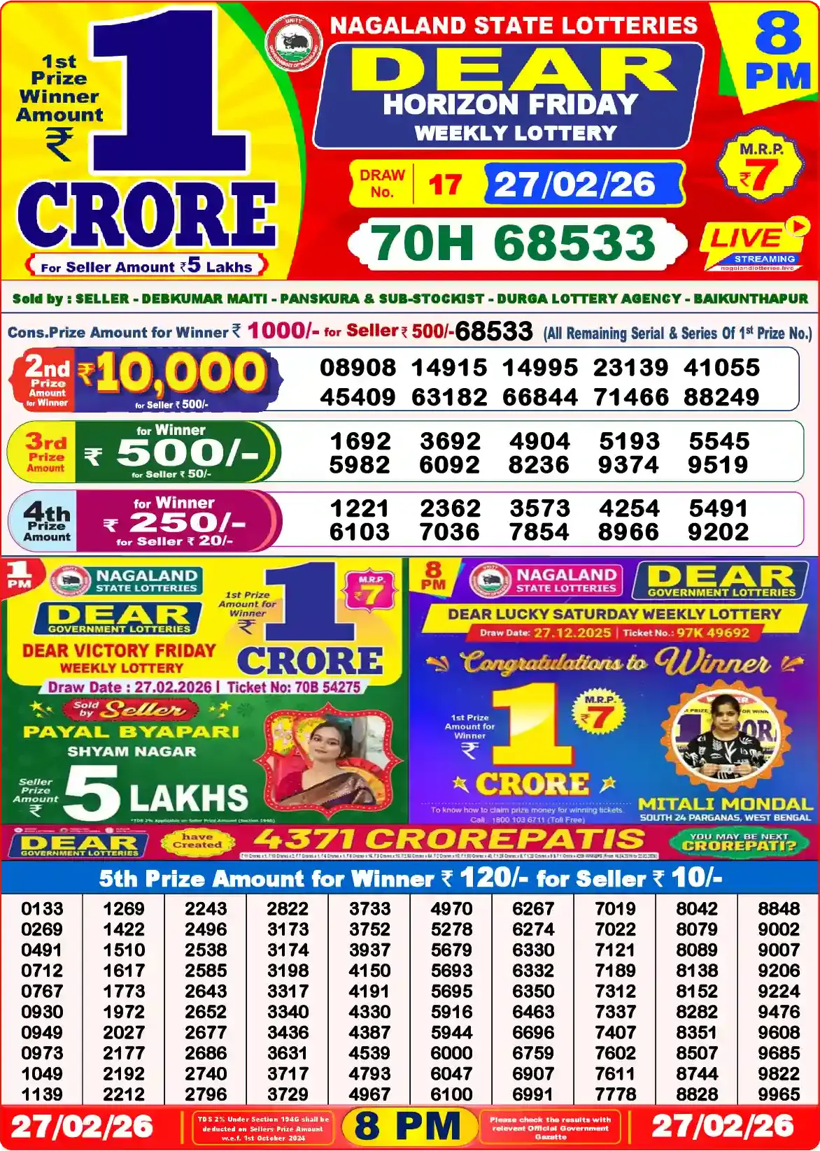 Lottery Sambad 27.02.26 Dear Lottery Result 8pm