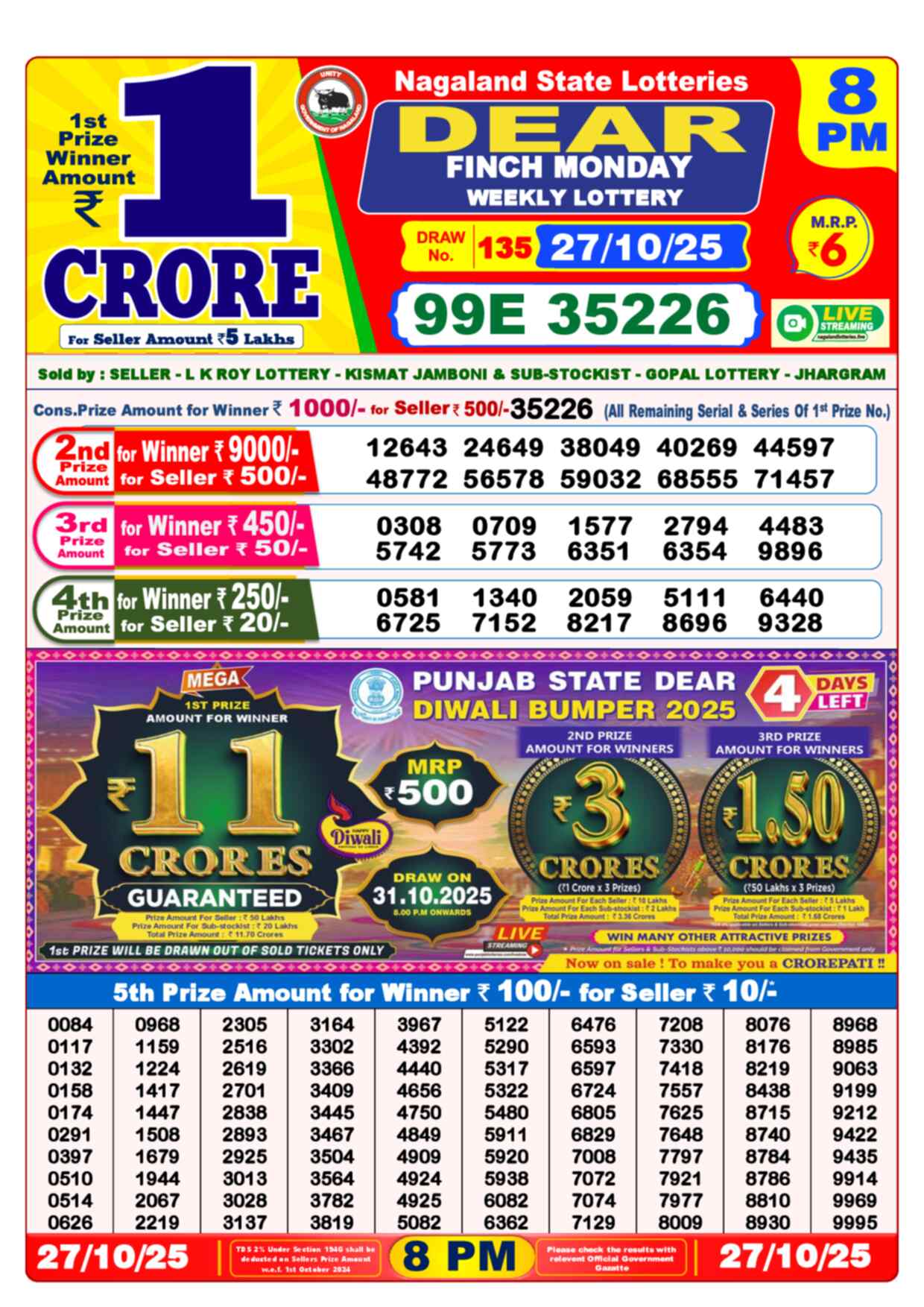 Lottery Sambad 27.10.25 Dear Lottery Result 8pm