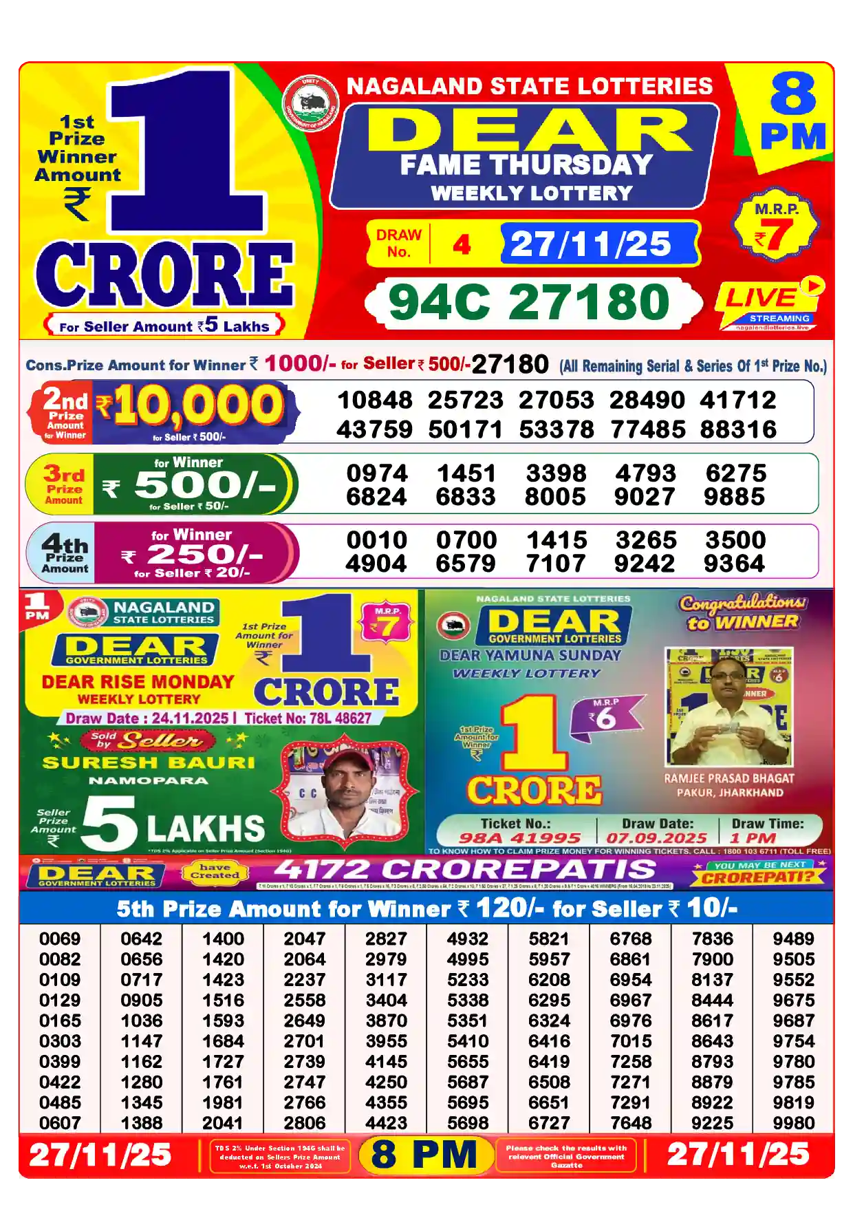 Lottery Sambad 27.11.25 Dear Lottery Result 8pm
