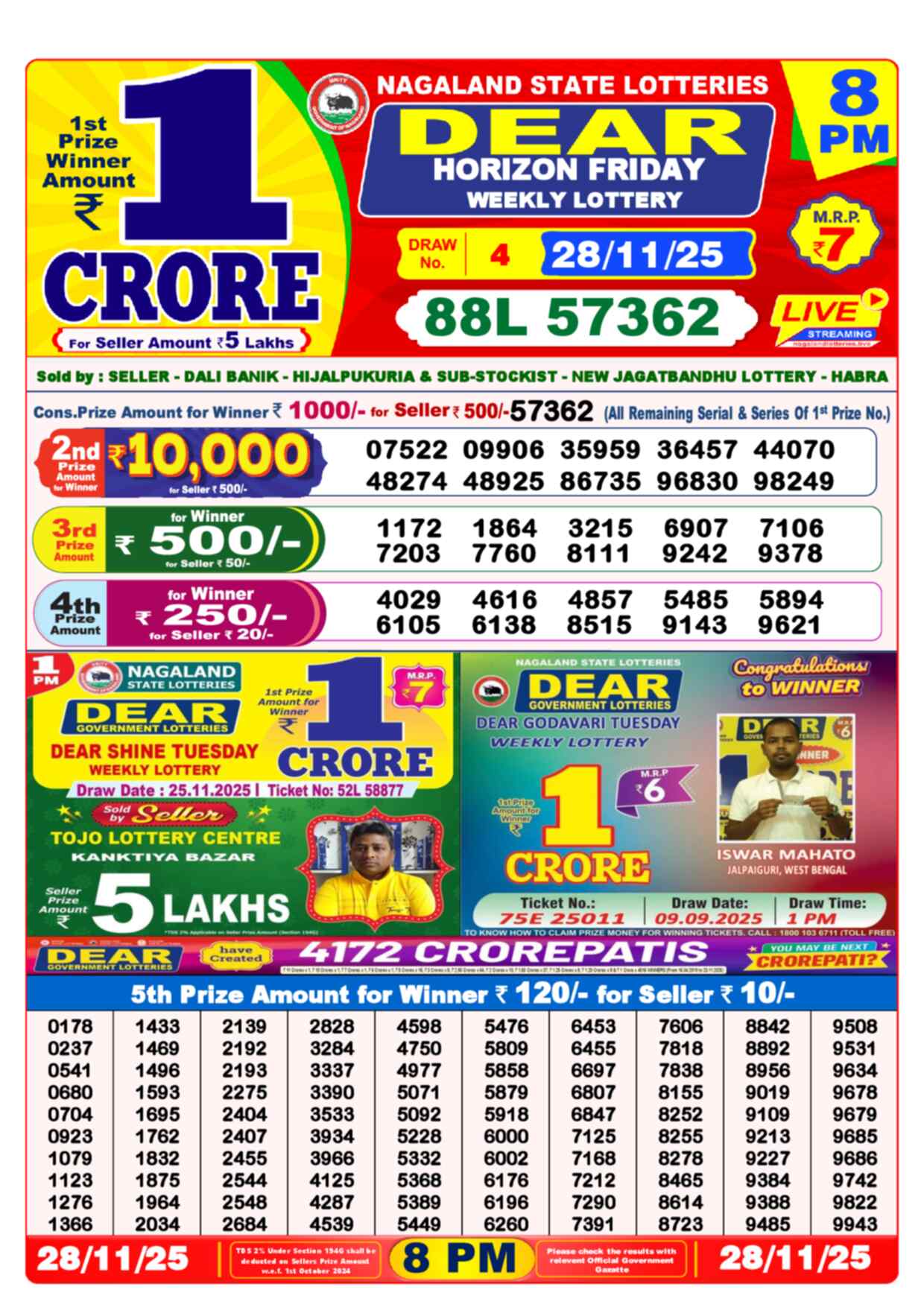 Lottery Sambad Yesterday Result 1:00 PM 28 November 2025