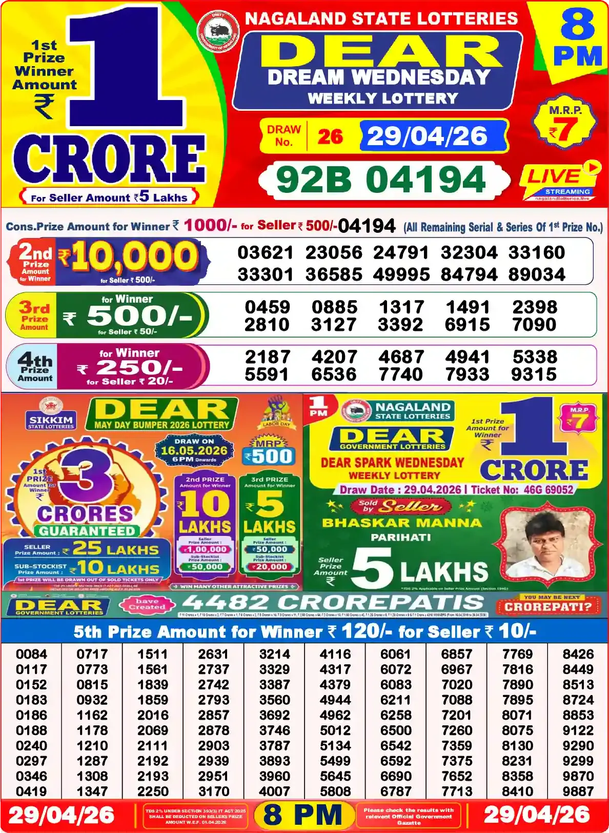 Lottery Sambad 29.04.26 Dear Lottery Result 8pm