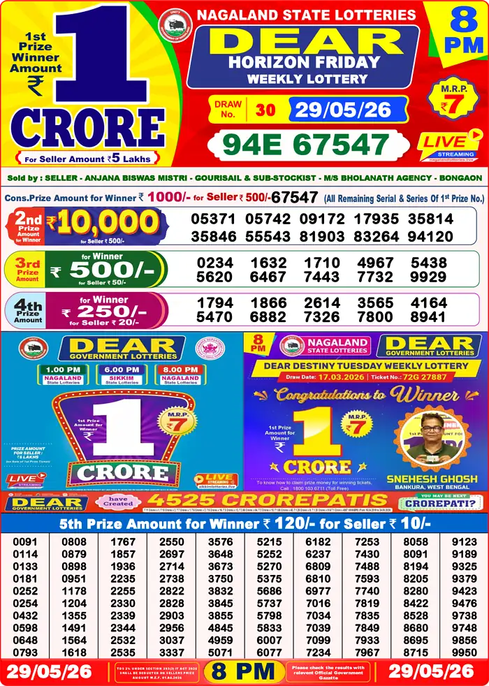 Lottery Sambad 29.05.26 Dear Lottery Result 8pm