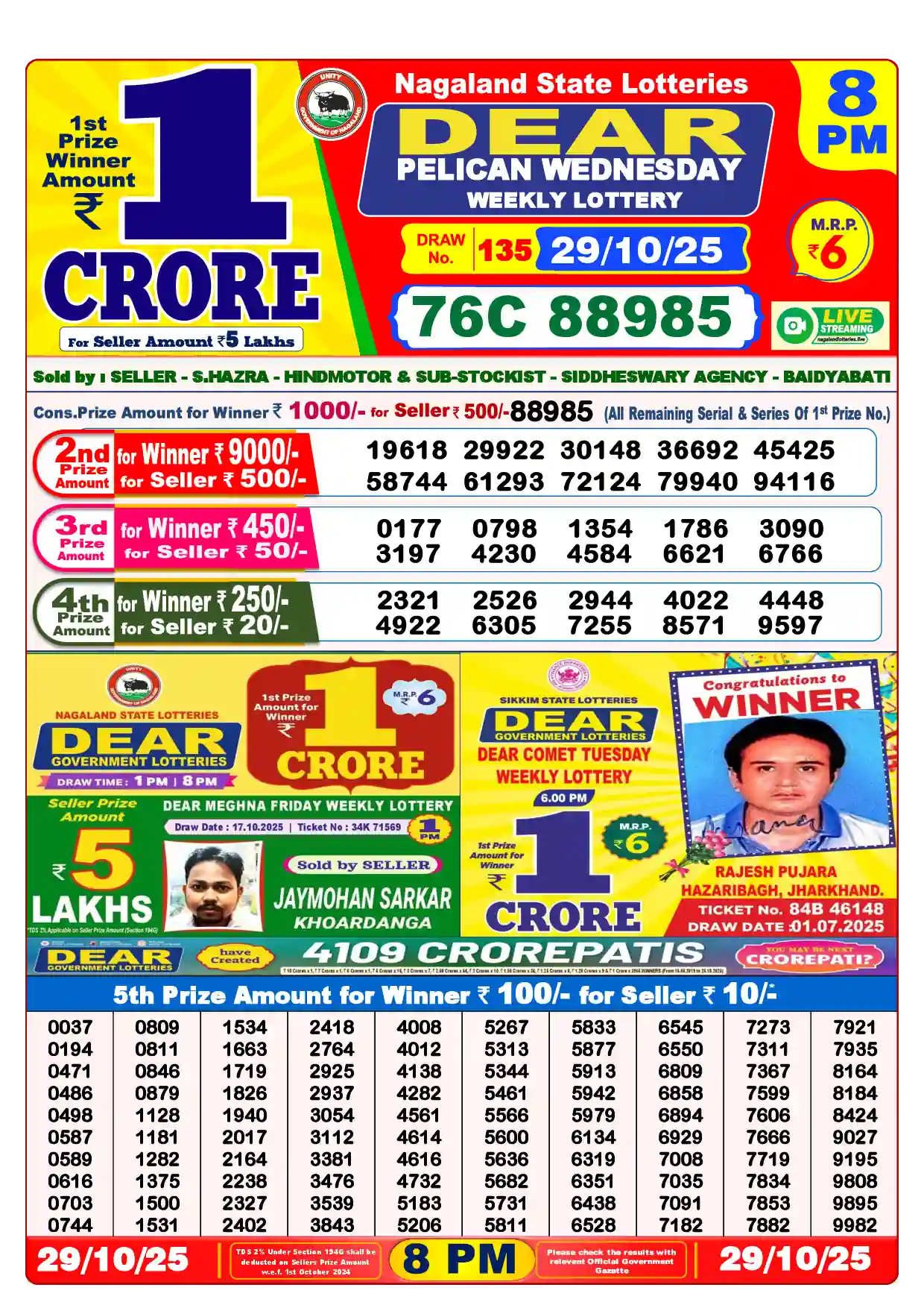Lottery Sambad 29.10.25 Dear Lottery Result 8pm