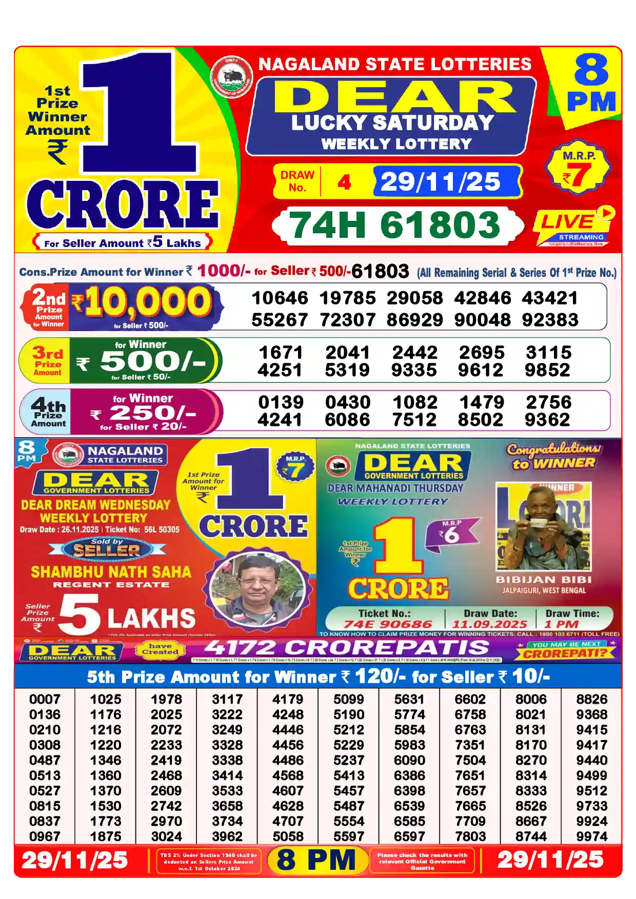 Lottery Sambad 29.11.25 Dear Lottery Result 8pm