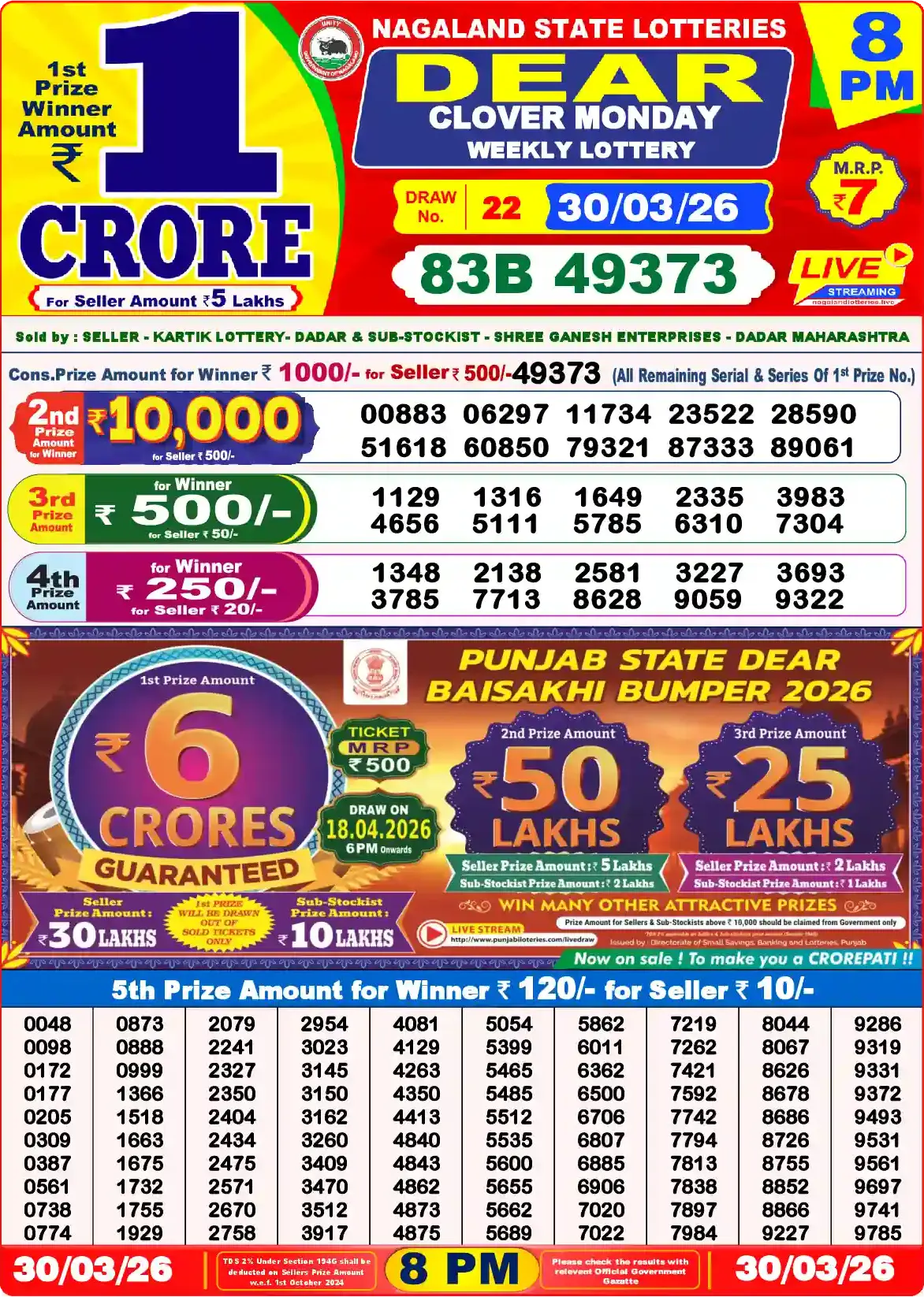 Lottery Sambad 30.03.26 Dear Lottery Result 8pm